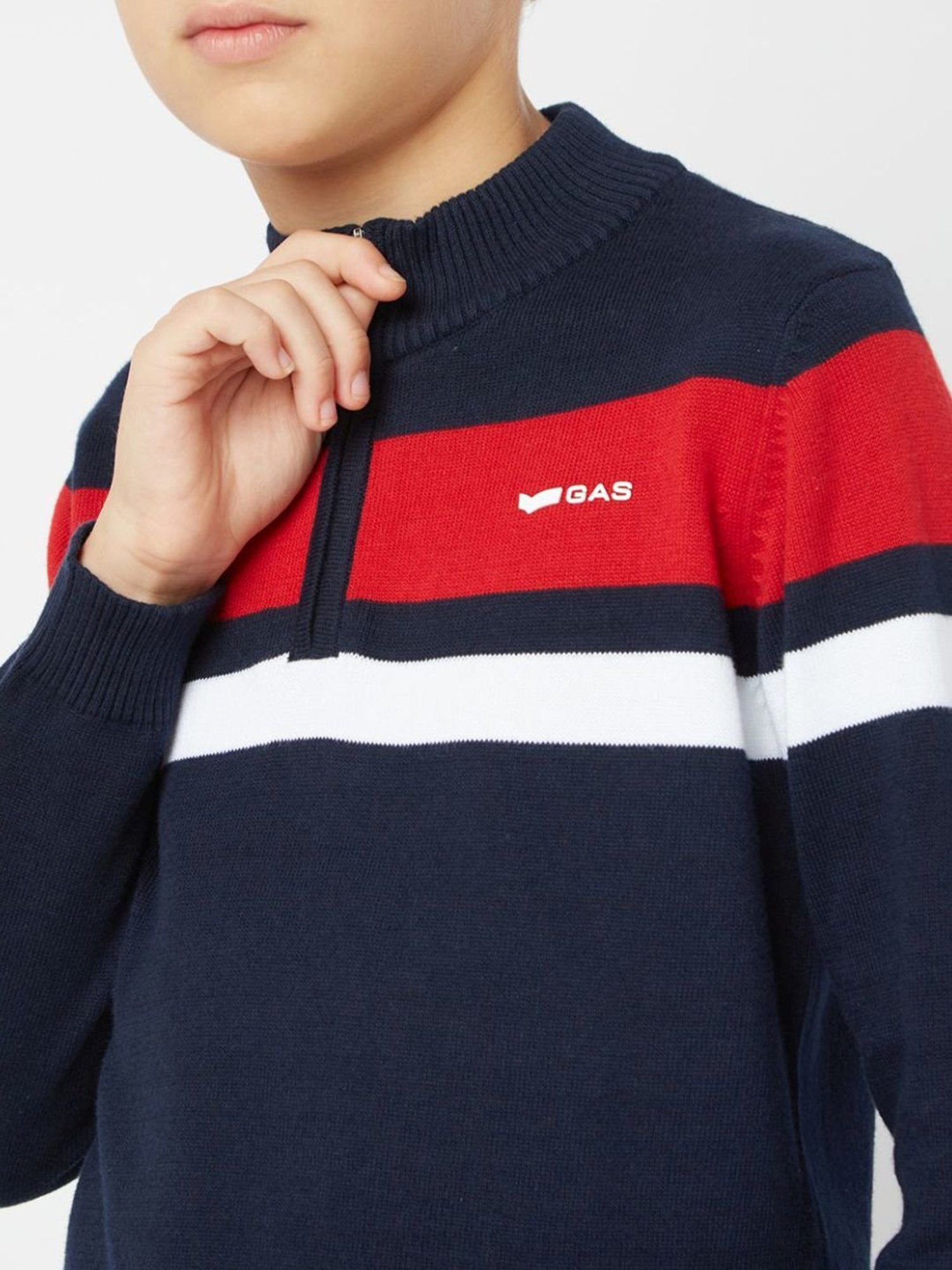 GAS Kids Navy & Red Cotton Striped Full Sleeves Sweater