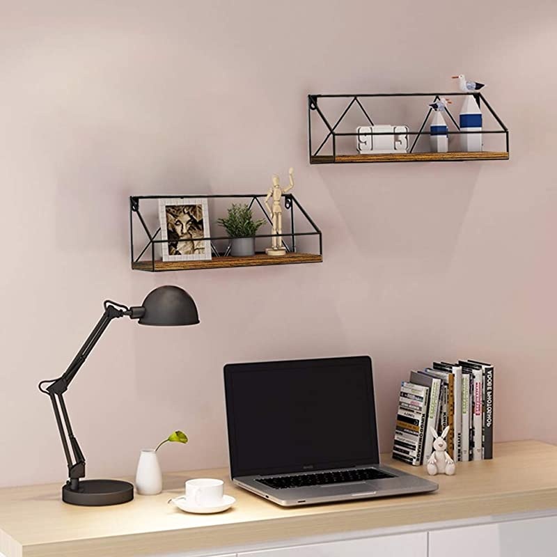 Mount Shelf Rustic Wood Floating Shelves Storage for Kitchen Living Room Bathroom, Set of 2