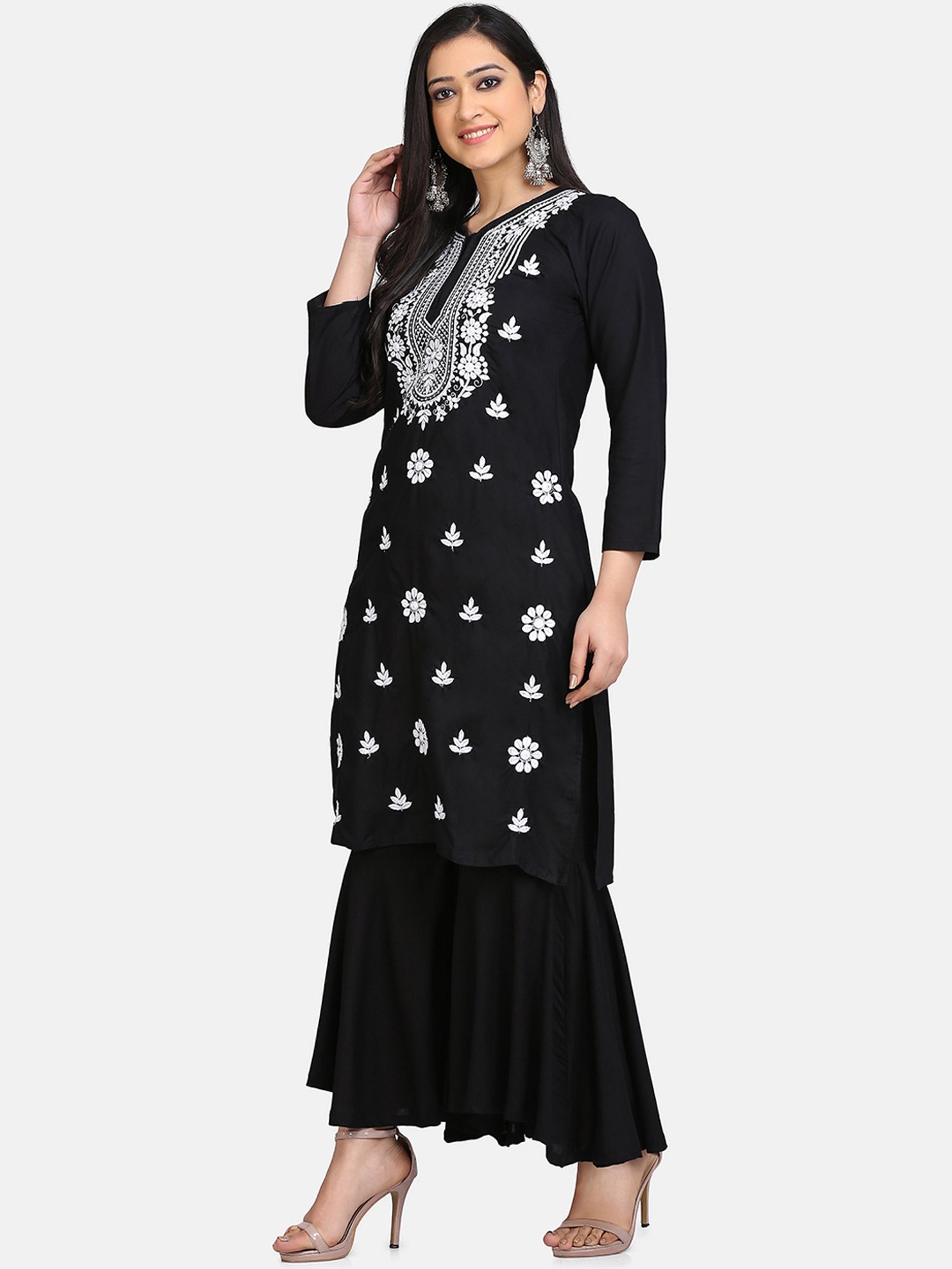 SHADES Black Chikankari Kurta Sharara Set