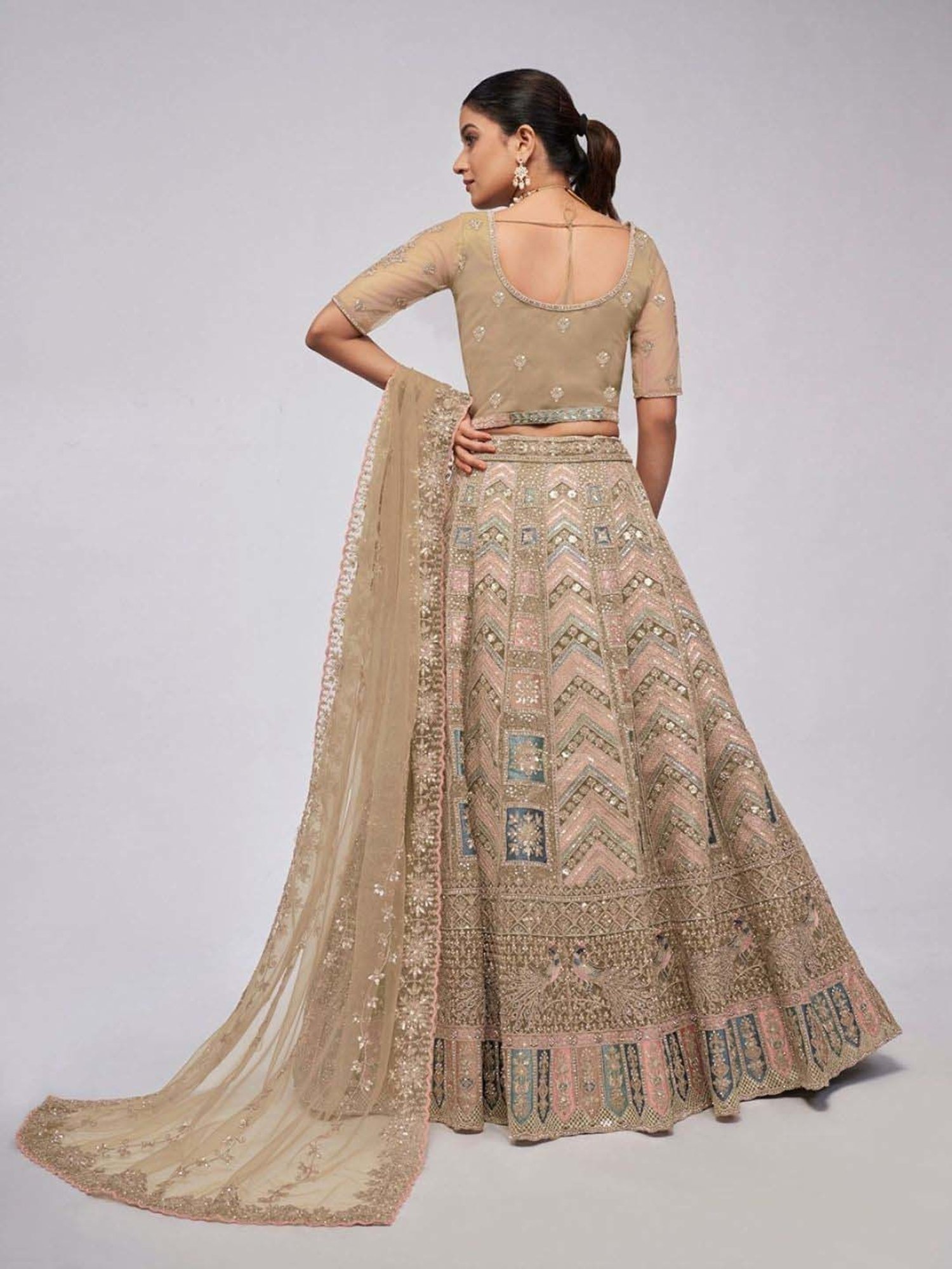 Odette Beige Embroidered Semi-Stitched Lehenga Choli Set with Dupatta
