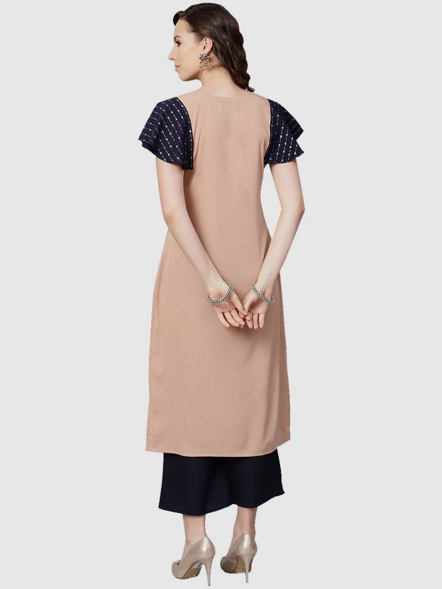 Ziyaa Beige & Black Printed Kurta Palazzo Set