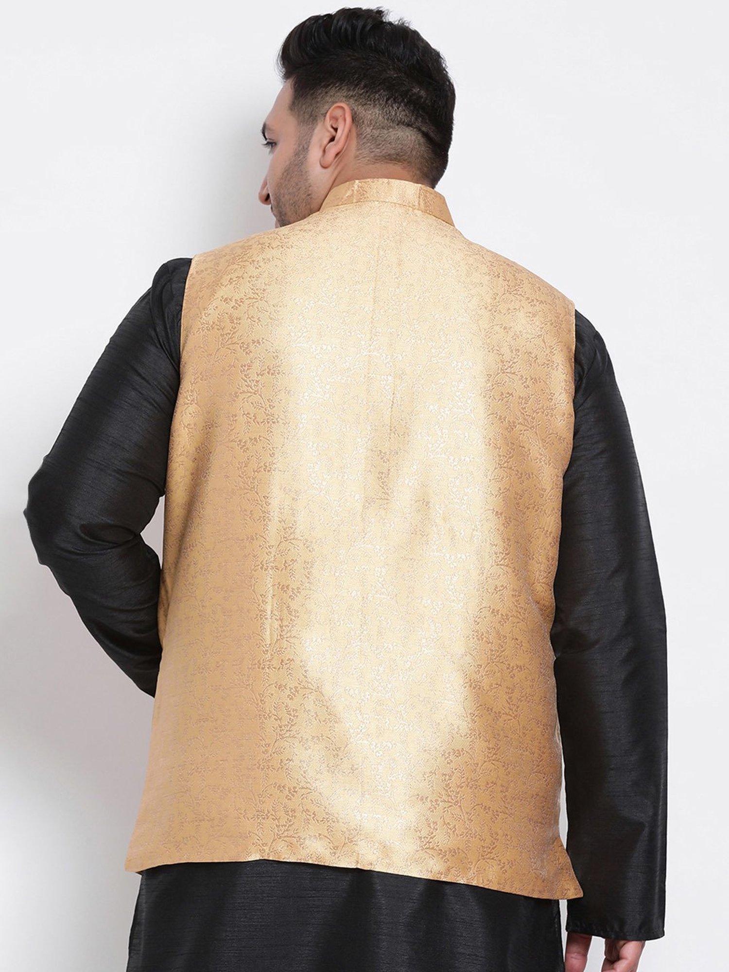 Hangup Plus Gold Regular Fit Jacquard Plus Size Nehru Jacket