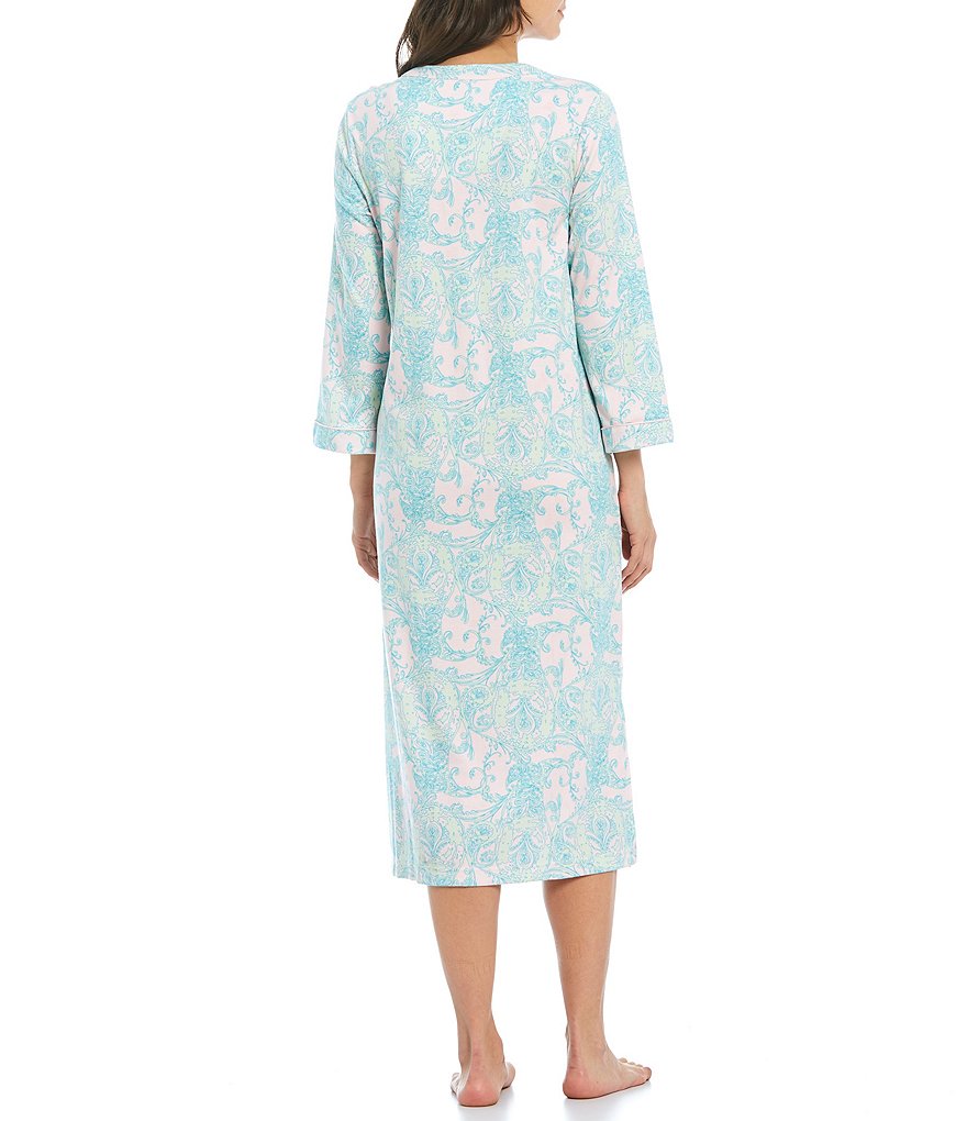 Miss Elaine Petite Size Paisley Print Interlock Knit Long Zip-Front Robe
