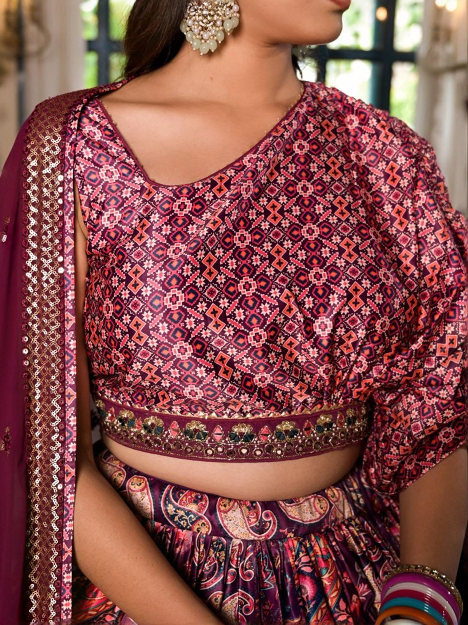 Odette Purple Printed Lehenga Choli Set With Dupatta