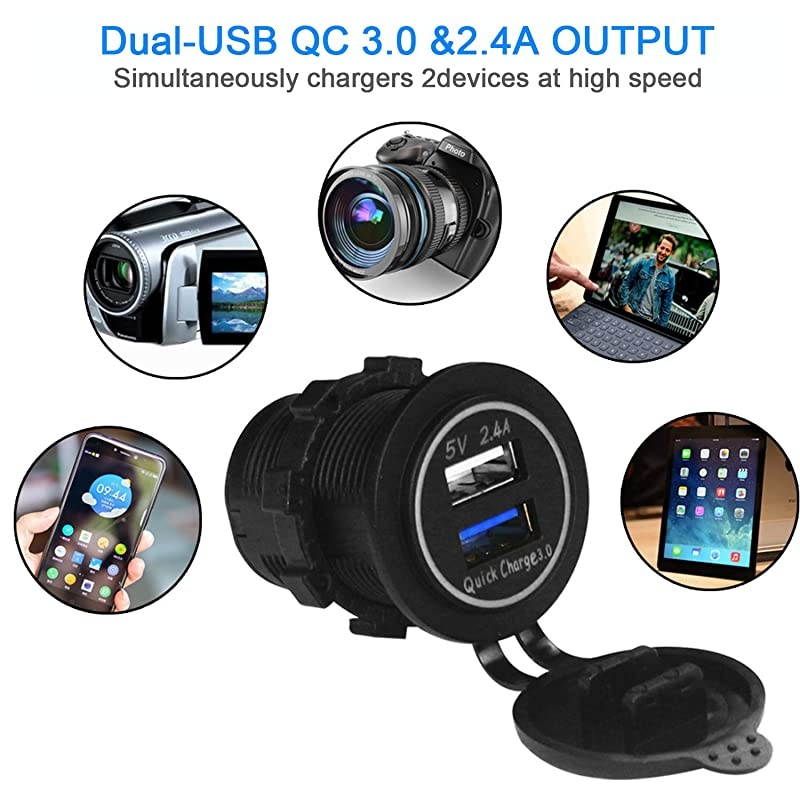 USB Charger Socket Power Outlet - Quick Charge 3.0 & 2.4A Port for Car Boat Marine Rv Mobile with Wire Fuse DIY Kit (QC 3.0 - Green)