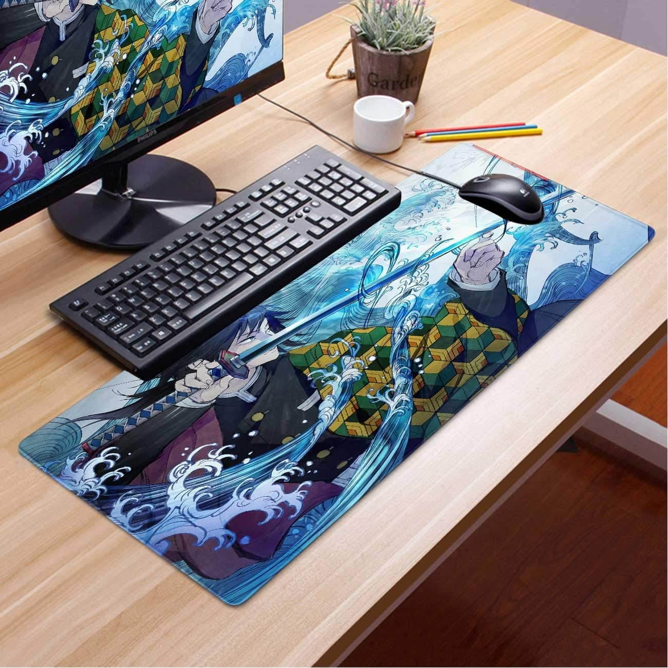 Gaming Mouse Pad Anime Demon Slayer Giyu Tomioka Katana,Laptop Desk Pad,Mousepad with Stitched Edge Frame & Non-Slip Rubber Base,Computer Keyboard and Mice Pads Mouse Mat 23.6X11.8