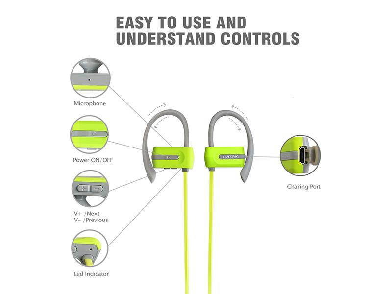 Tritina Sports Headphone in-Ear - Sweatproof Bluetooth Earphones w/ Mic - Comfortable Secure Fit Design Earbuds - HD Stereo Noise Cancelling for Gym Fitness Running Workout - Green