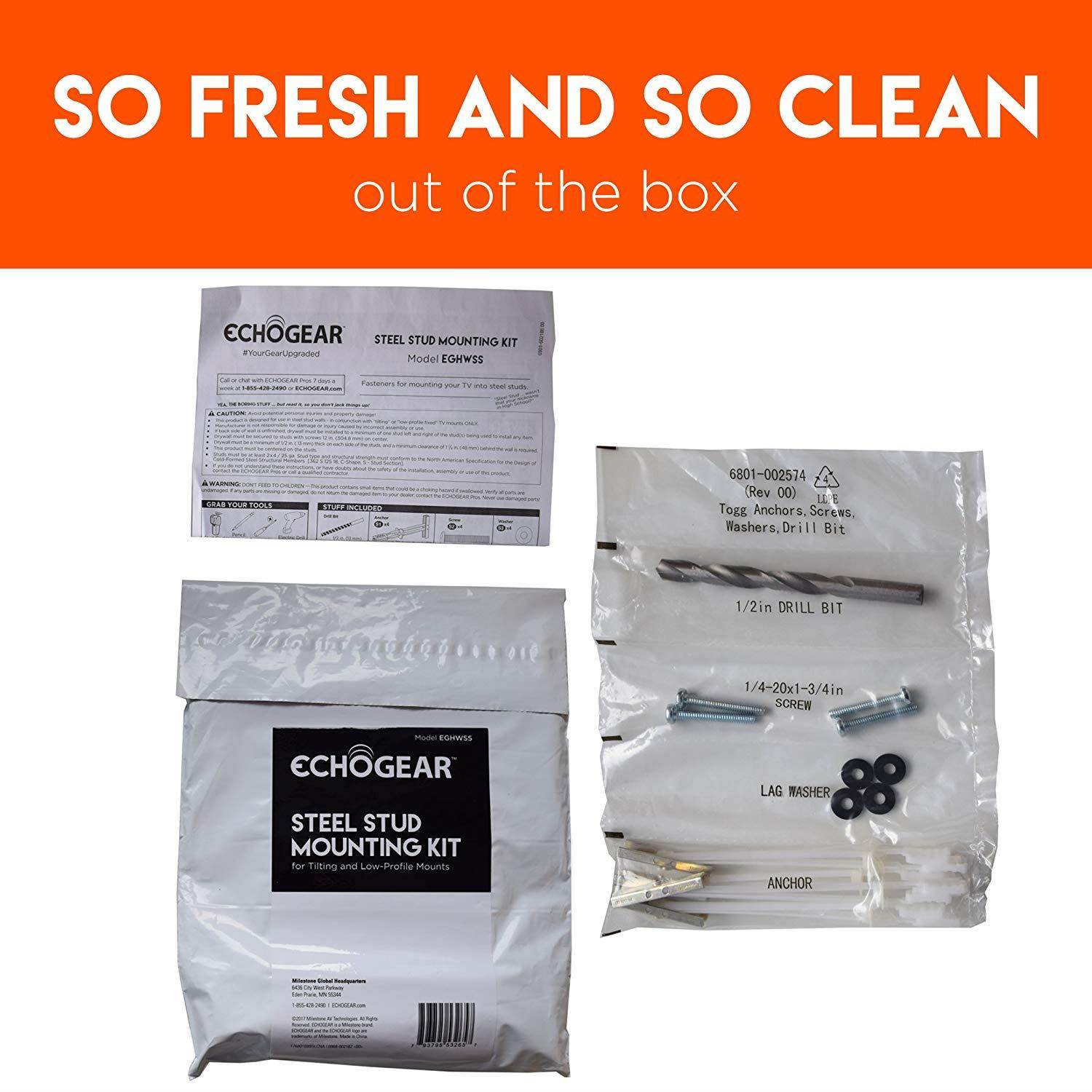 Steel Stud TV Mounting Kit Tilt & Low Profile TV Mounts - Includes 4 Snaptoggle Anchors, Steel Drill Bit TV Mounting Hardware