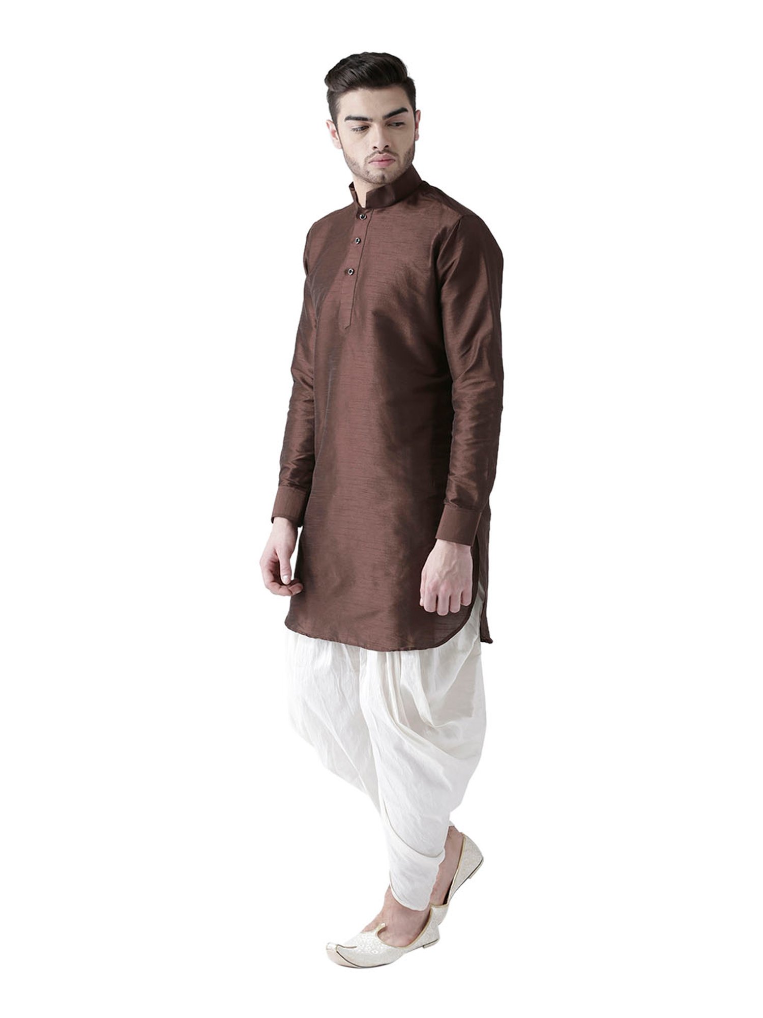 Deyann Dark Brown & White Mandarin Collar Silk Kurta Set
