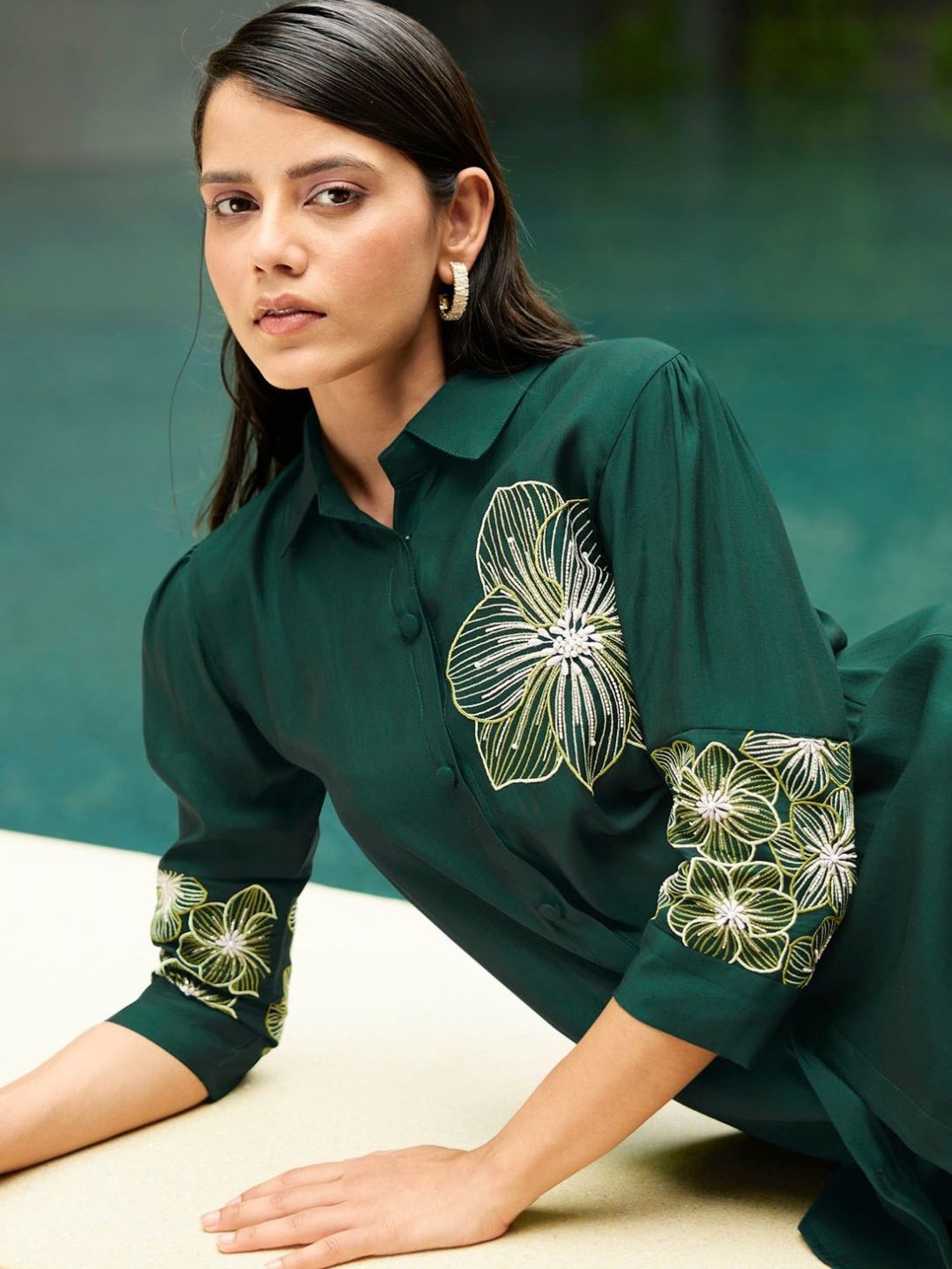 Kaftanize Kiaa Bottle Green Embroidered Shirt with Pant