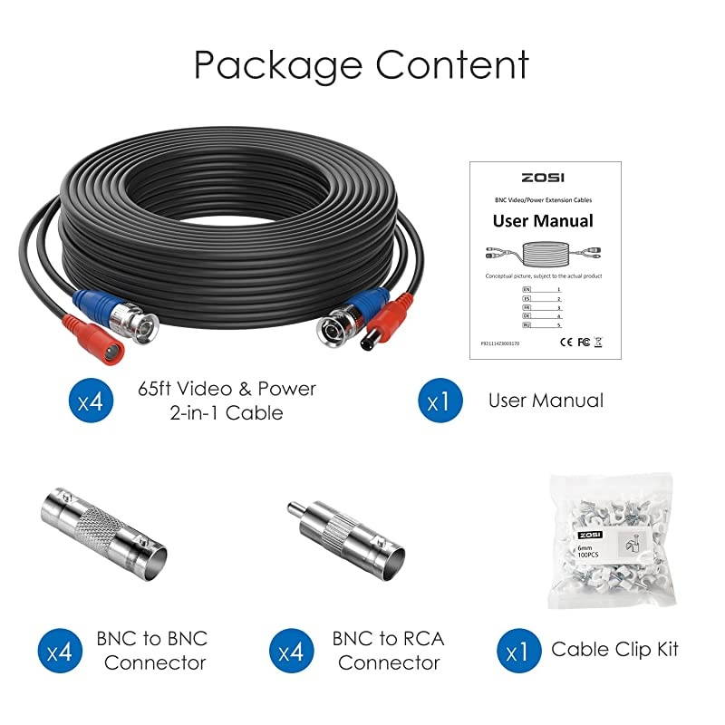 4 Pack 60Feet 18m 4K 8MP 5MP 1080P AllinOne CCTV Video Power Cables BNC Extension Security Wire Cord for Video Surveillance Camera DVR System With BNC RCA Connector and 100pcs Cable Clips