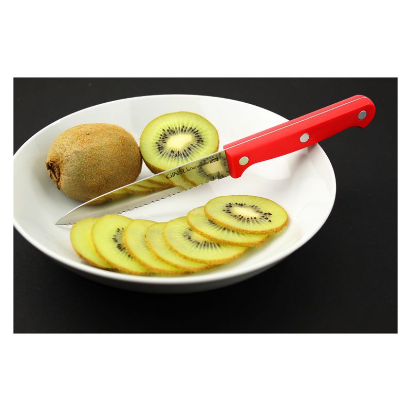 Ginsu Stainless Steel Serrated Knife Set 14pc with Red Kitchen Knives in a Natural Block