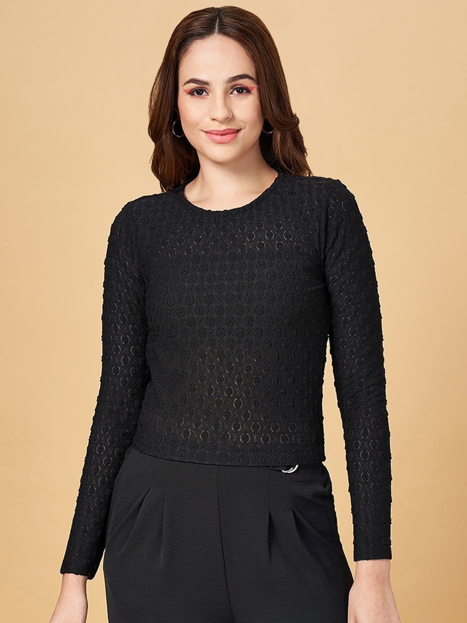 People by Pantaloons Black Self Pattern Top