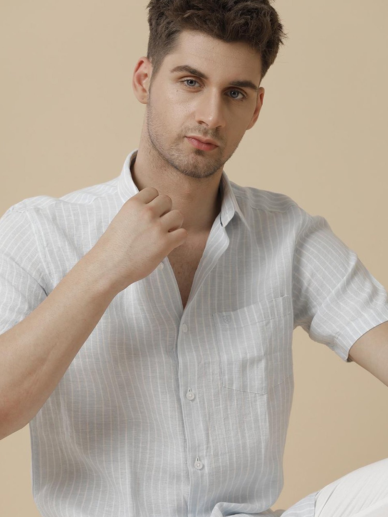 Linen Club Blue Linen Contemporary Fit Striped Shirt