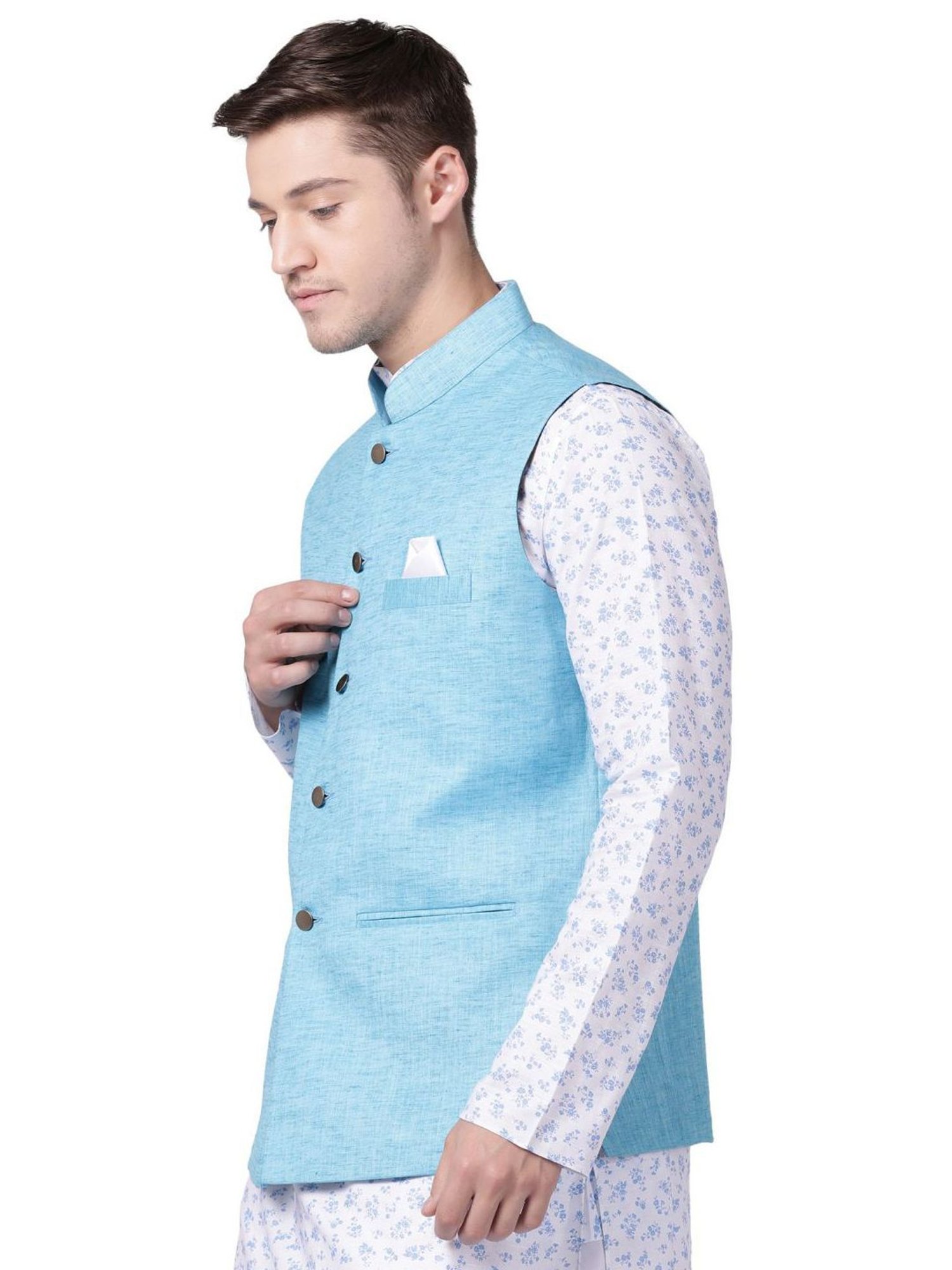 TABARD Blue Cotton Regular Texture Nehru Jacket