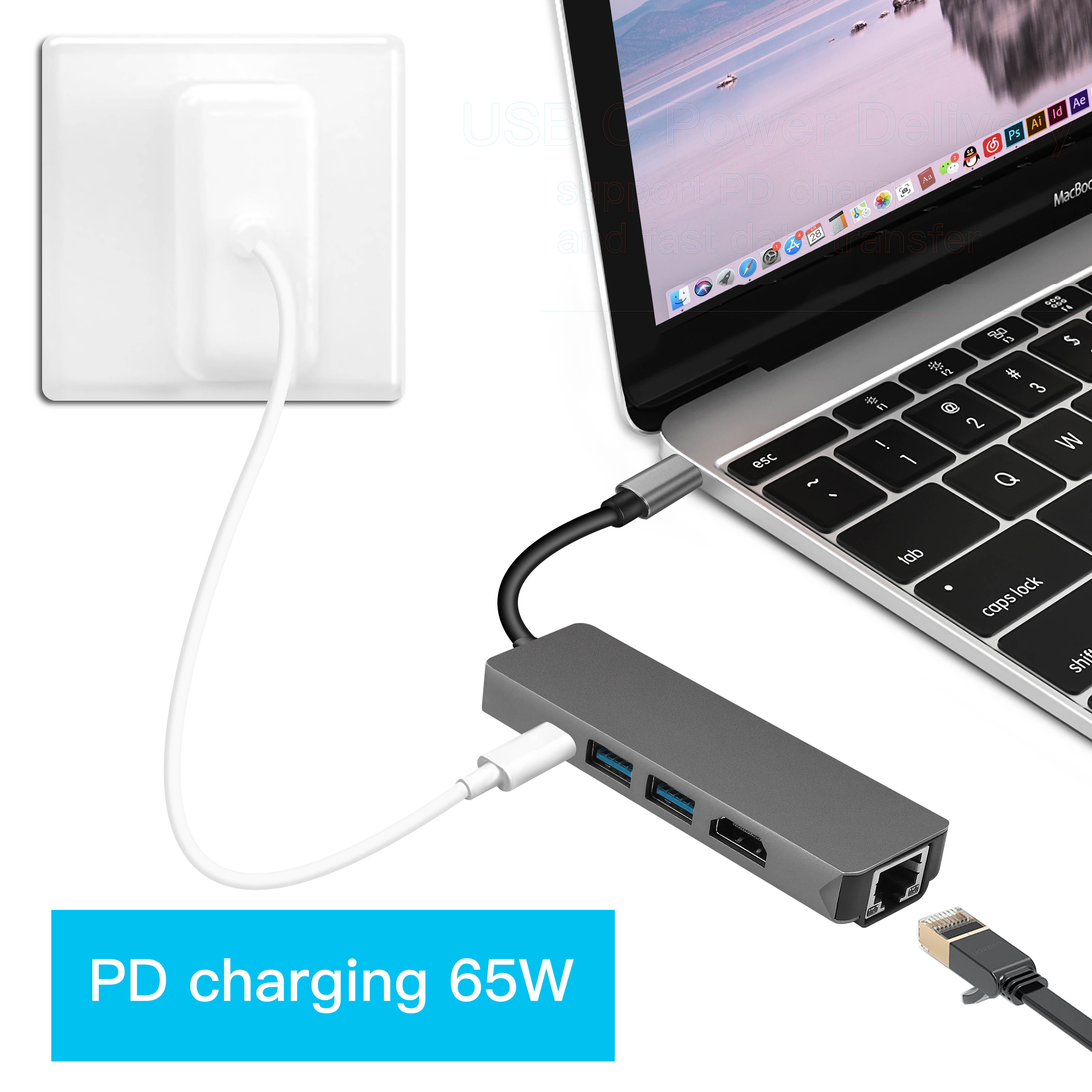 KUYiA USB C Hub, USB C to Ethernet HDMI USB Adapter with 1000Mbps Ethernet Port, 4K HDMI, 2 USB 3.0 and USB 3.1 Charging Ports, Compatible with MacBook/Pro/Air, Android Phone, Laptops, Tablet