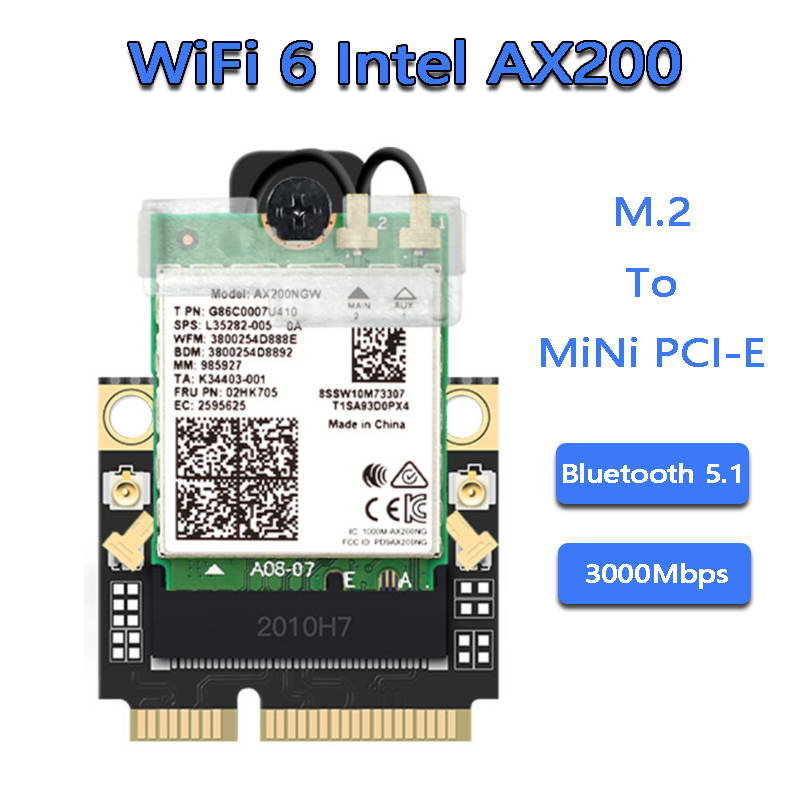 Wireless Mini PCI-E Wi-Fi 6 Intel AX200 Adapter Kit 2974Mbps Bluetooth 5.0 M.2 To Mini PCI Express Full Wifi Card AX200NGW 802.11ax/ac 160Mhz 2.4G/5G MU-MIMO OFDMA Windows 10 For Laptop Desktop
