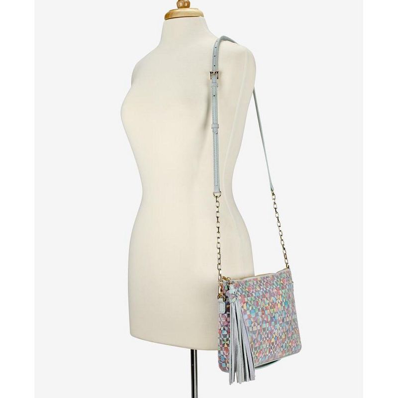 VR NYC Magnetic Strap Closure Mosaic Design Denim Laser Cut Crossbody Bag - Blue