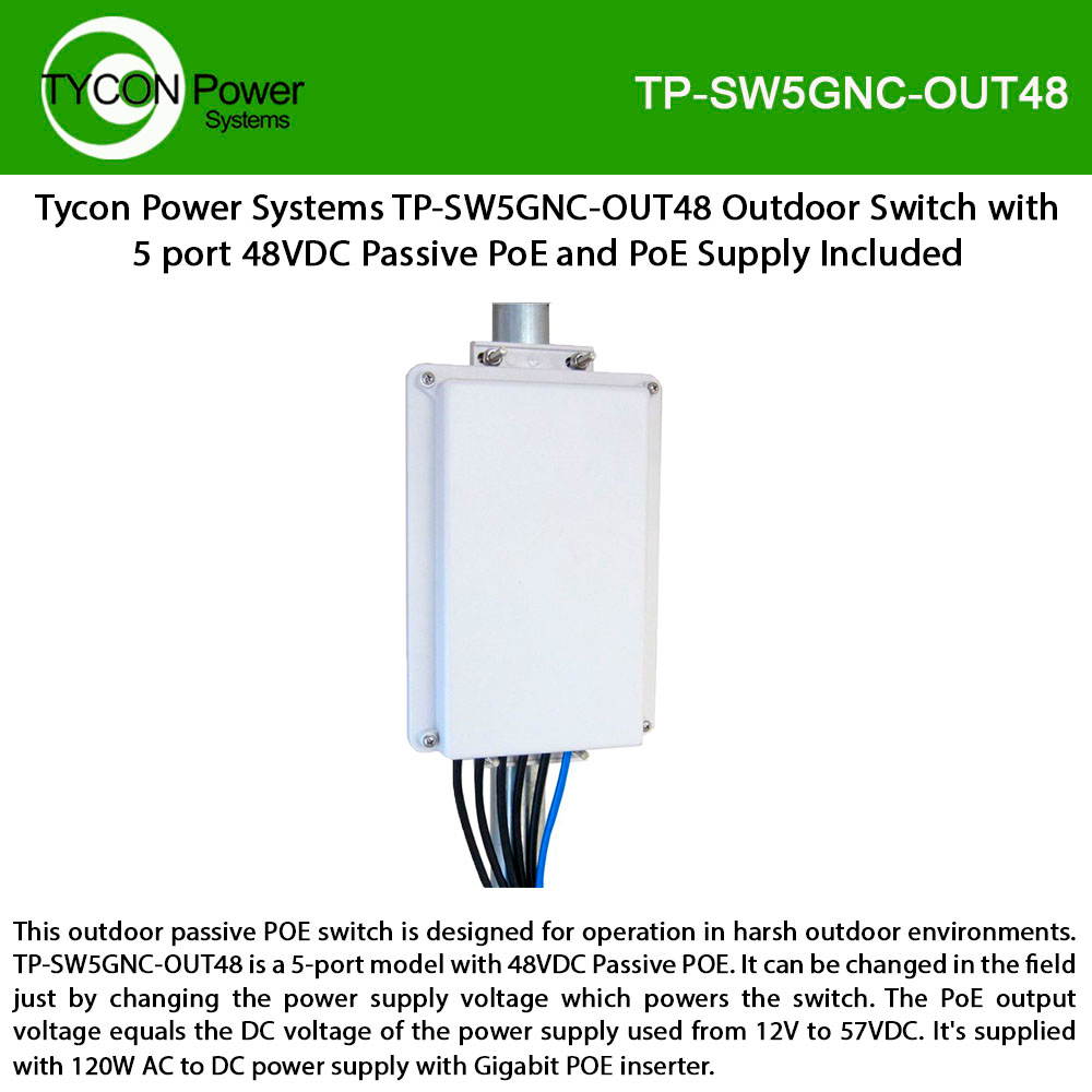 Tycon Power TP-SW5GNC-OUT48 -  5 Port 48VDC Passive POE Gigabit Outdoor Switch