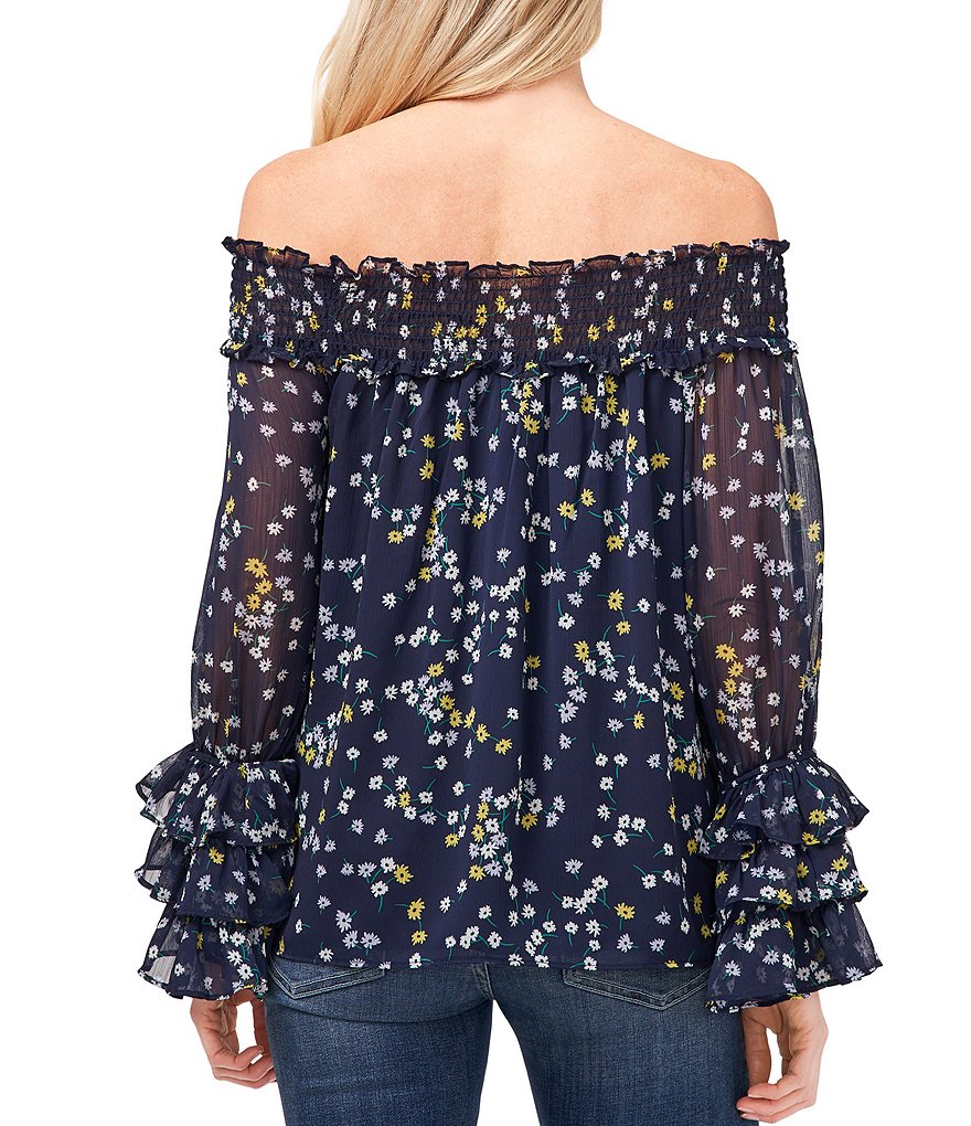 CeCe Smocked Off-the-Shoulder Long Ruffle Sleeve Scattered Floral Blouse