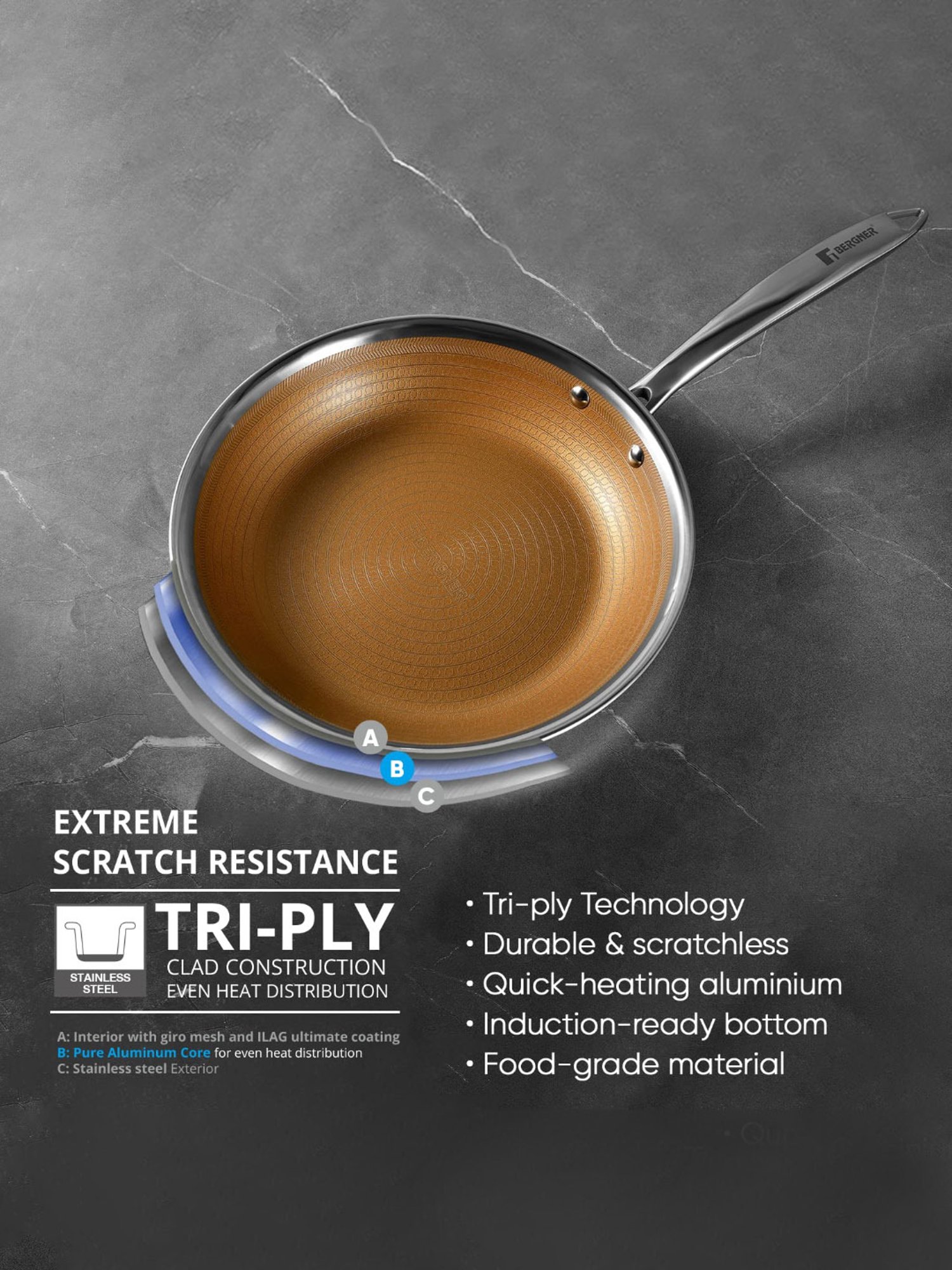 Bergner Giro Gold Gold Non Stick Stainless Steel Induction Base Frypan - 24 cm