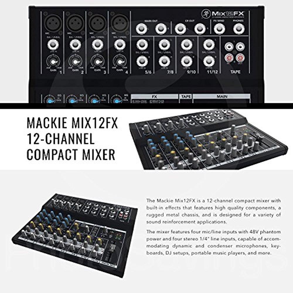 Mackie Mix Series Mix12 12-Channel Compact Mixer and Premium Bundle with Dynamic Microphone + Xpix Desktop Studio Mic Stand + Headphones + More