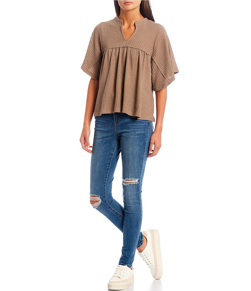 Honey & Sparkle Flutter Sleeve Waffle Knit Top