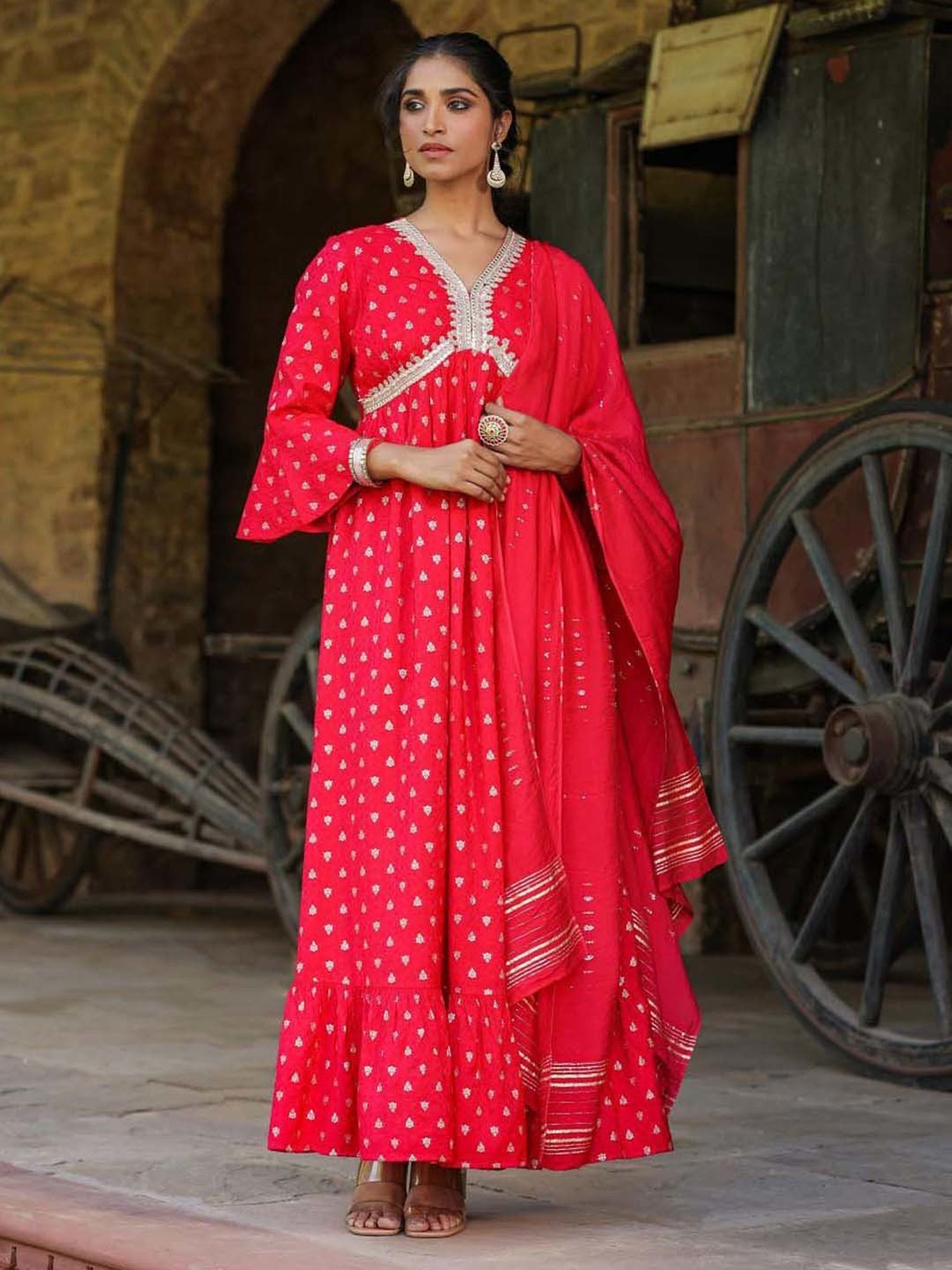 SCAKHI Red Cotton Embellished A-Line Dress With Dupatta