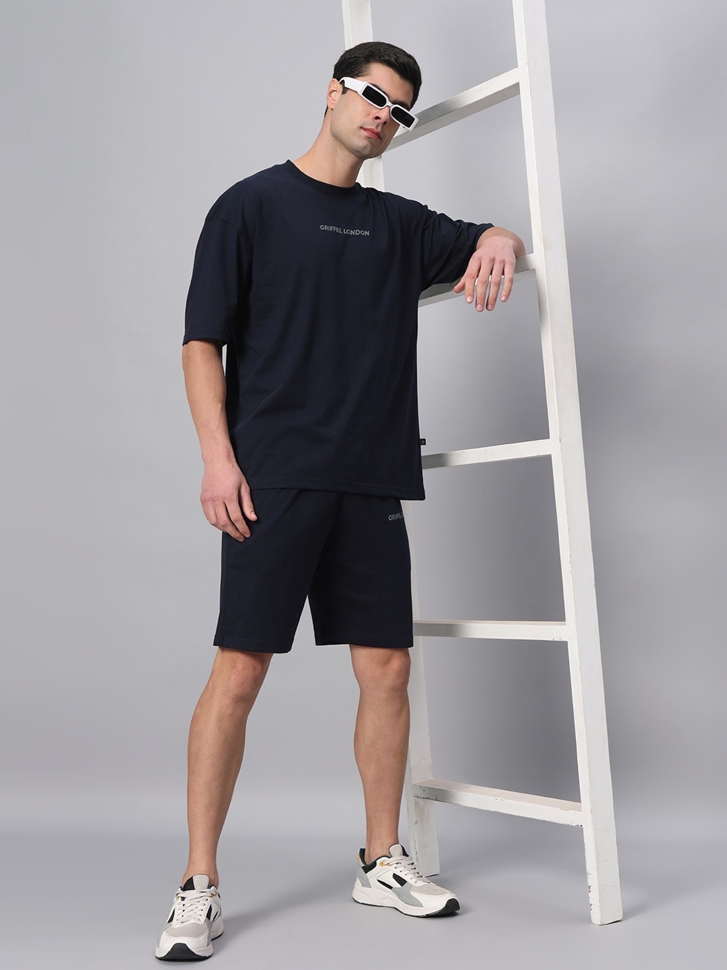 Griffel Navy Blue Cotton Loose Fit Printed T-Shirt