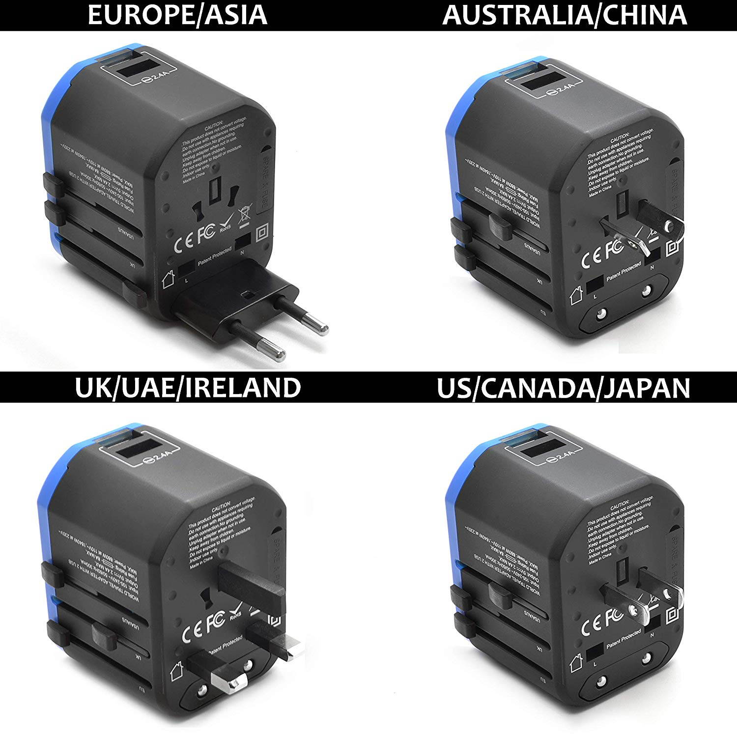 All-In-One International Travel Plug Adapter - 2 USB Ports (UP-8KU)