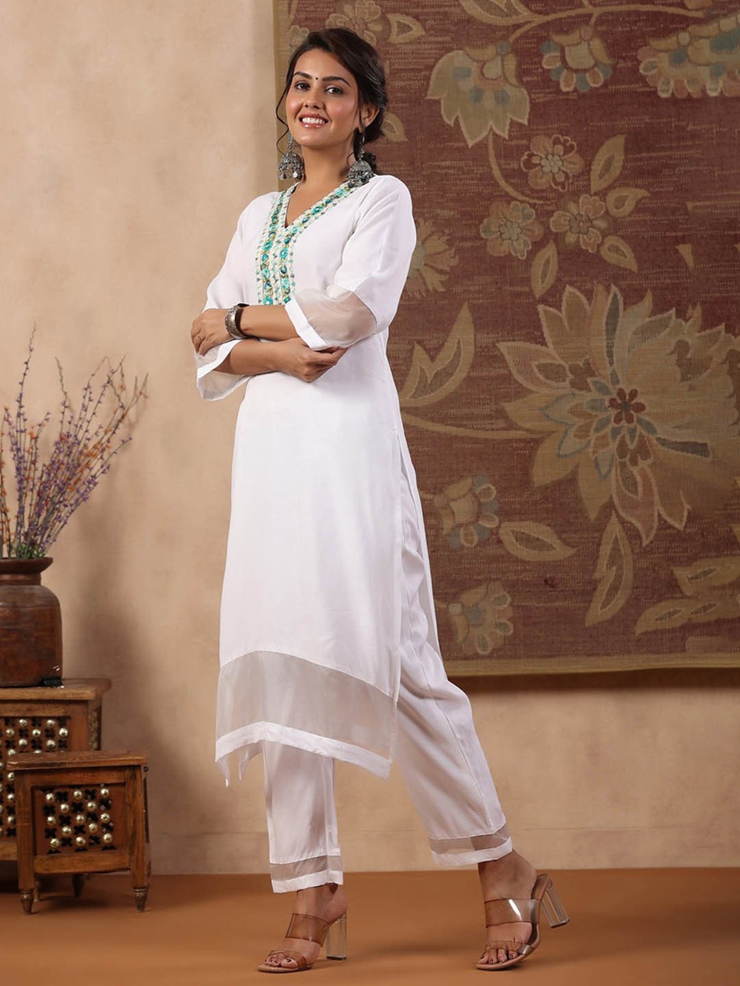 Rain and Rainbow White Floral Kurta Pant Set