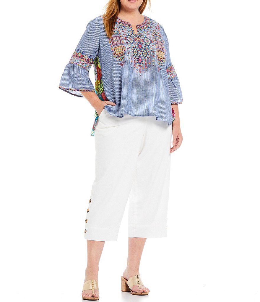 John Mark Plus Size Embroidered Mixed Media Split Round Neck 3/4 Bell Sleeve Ruffle Back Tunic