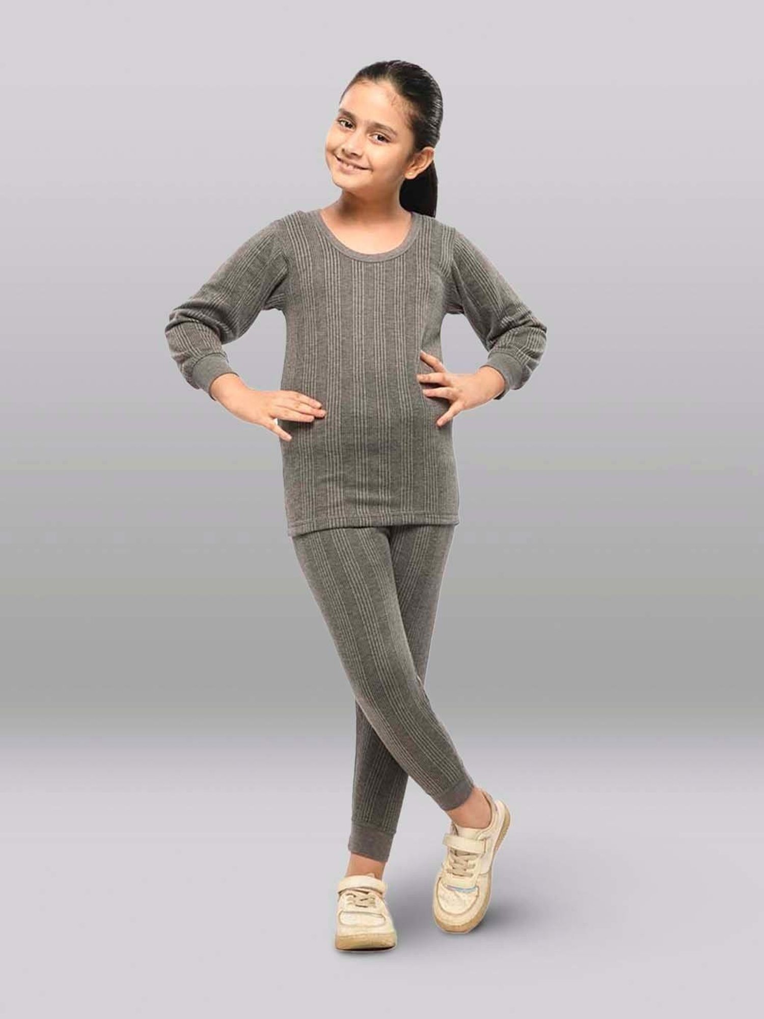 Dyca Kids Grey Melange Textured Thermal Top (Pack Of 2)