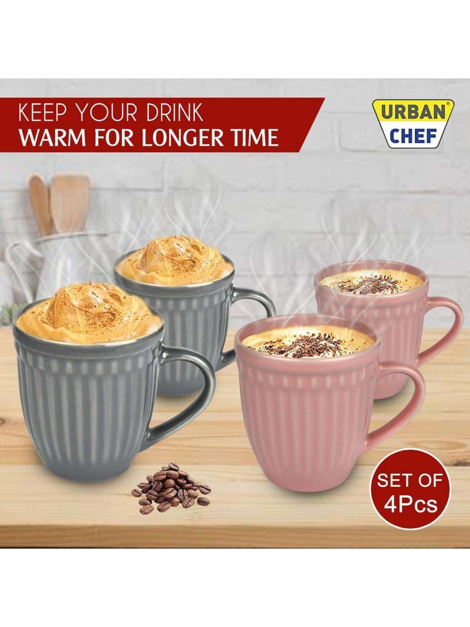 Urban Chef Pink & Grey Ceramic Handcrafted Microwave Safe Tea Cup - Set of 4