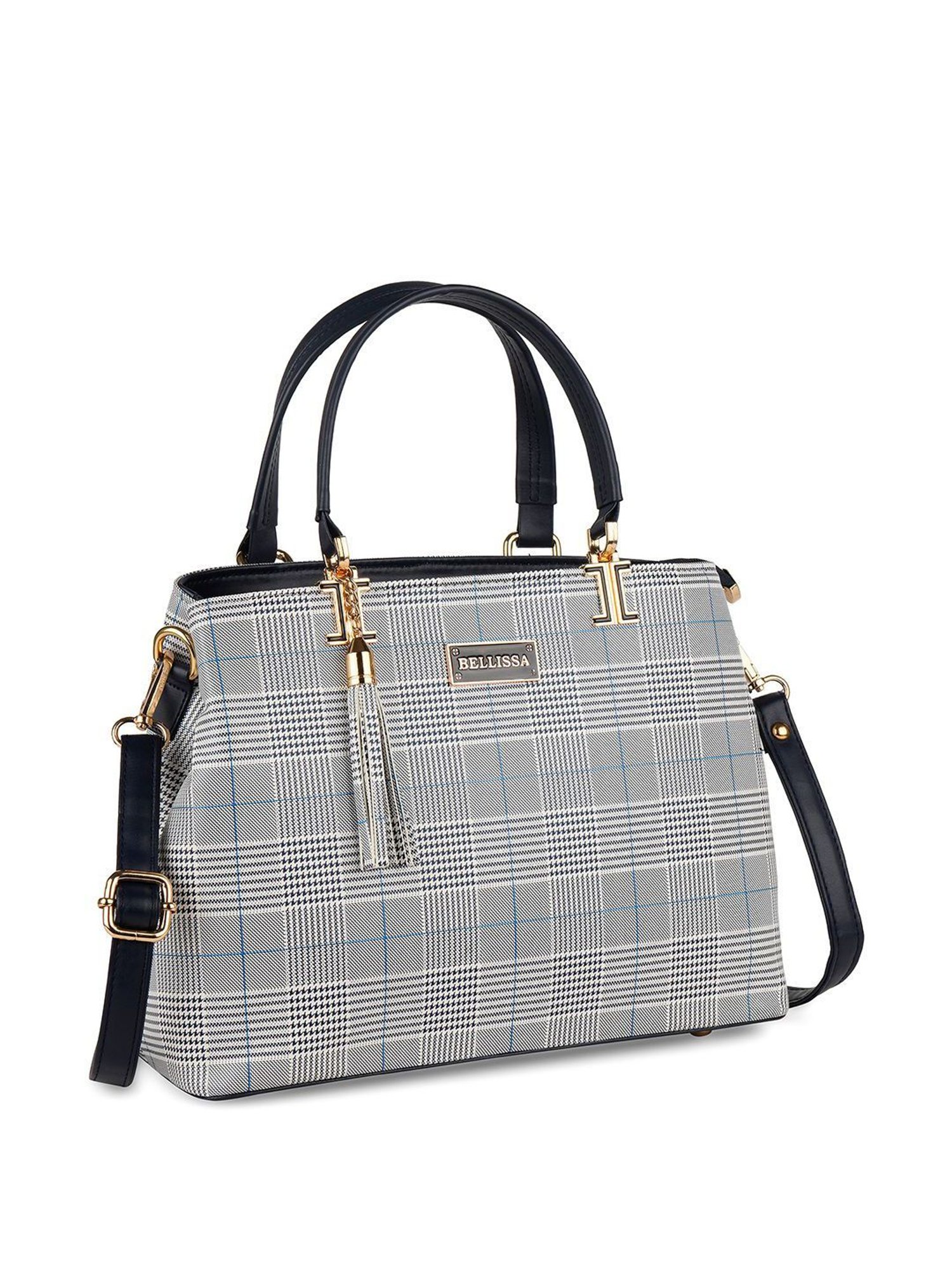 Bellissa Grey & Blue Striped Medium Handbag