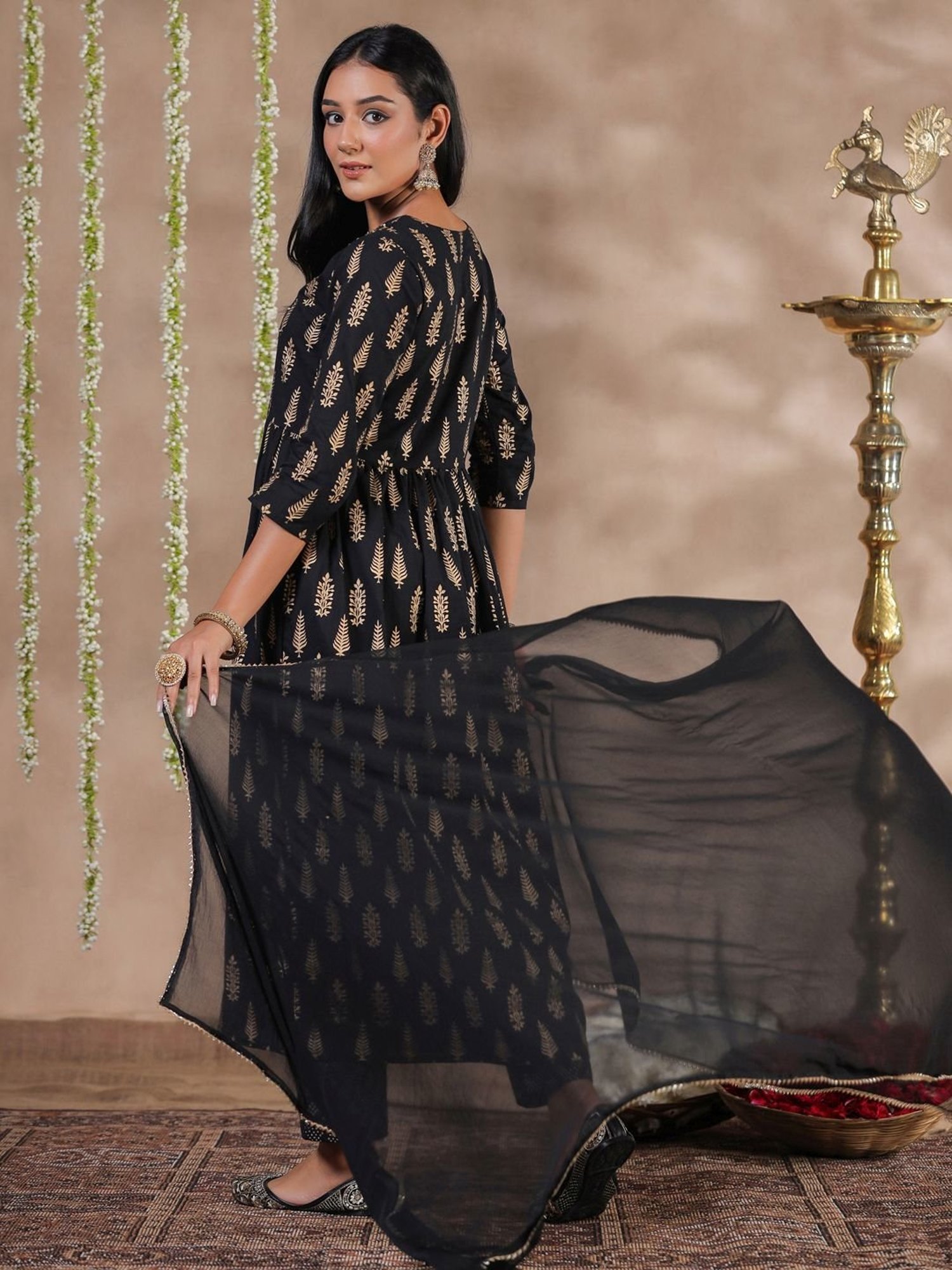 Anubhutee Black Cotton Printed Kurta Pant Set With Dupatta