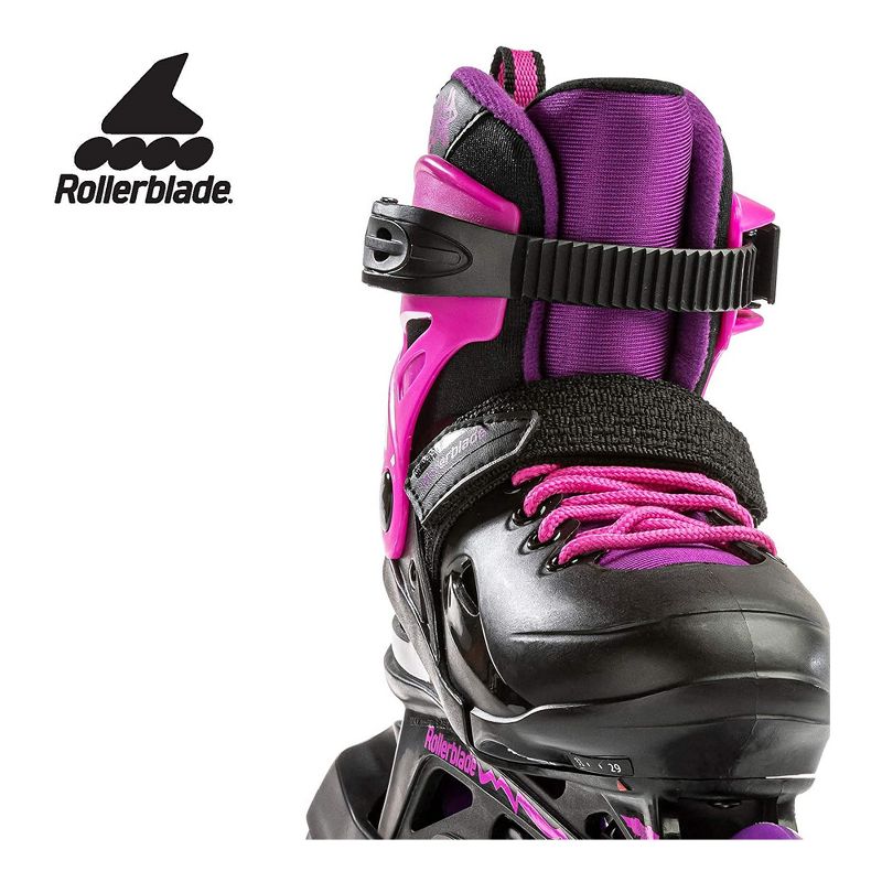 Rollerblade Fury G Inline Adjustable Secure Cuff Buckle and Power Strap Outdoor Roller Skates for Kids, Size 12 thru 1, Black and Pink