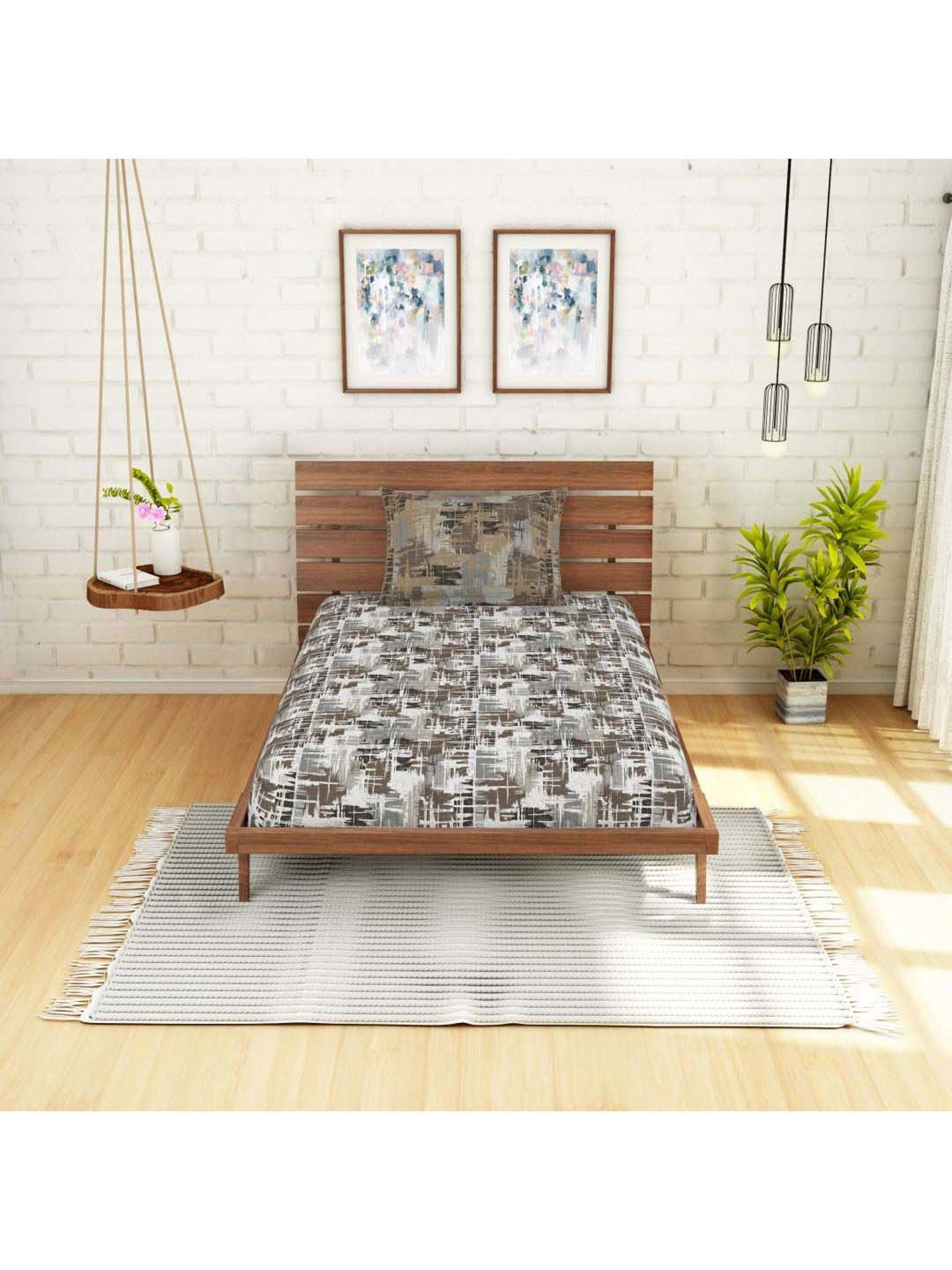 Spaces Atrium Grey Cotton 144 TC Bed Sheet Set