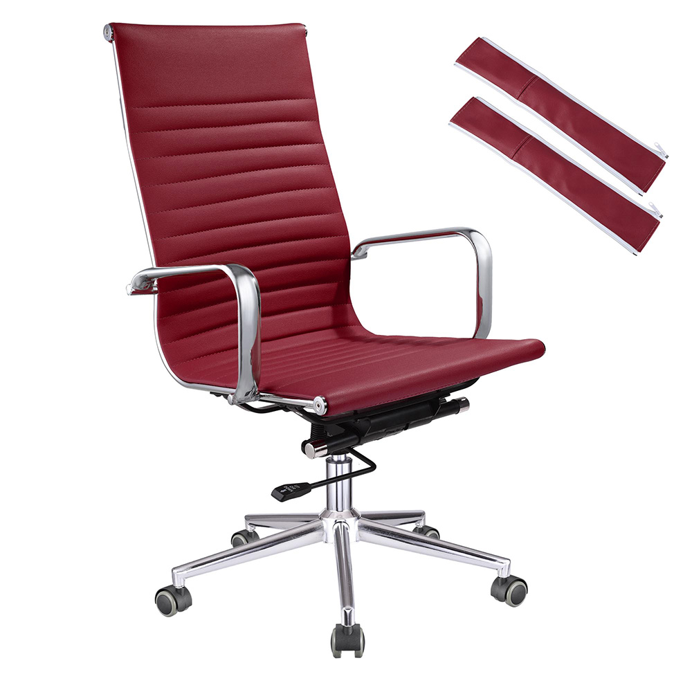 High Back Ribbed PU Leather Office Chair Executive Computer Desk Contemporary Red