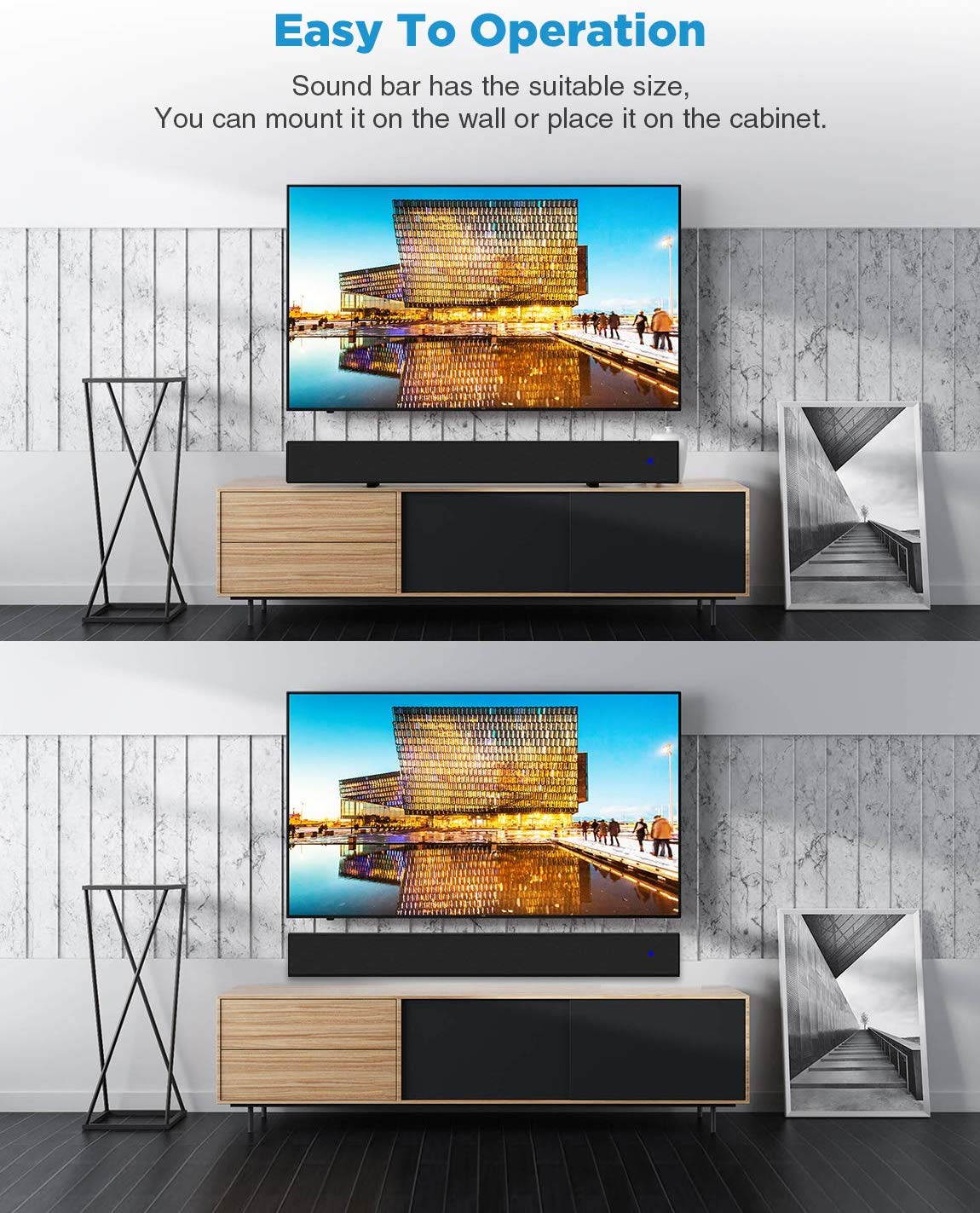 Meidong KY2018 Bluetooth Soundbar Wired and Wireless Bluetooth Surround Sound for TV Sounds Bar Includes Optical Cable, RCA Cable and Remote Control (30 in, Black)