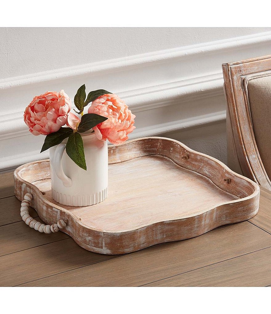 Mud Pie Scalloped Handled Beaded Wood Tray
