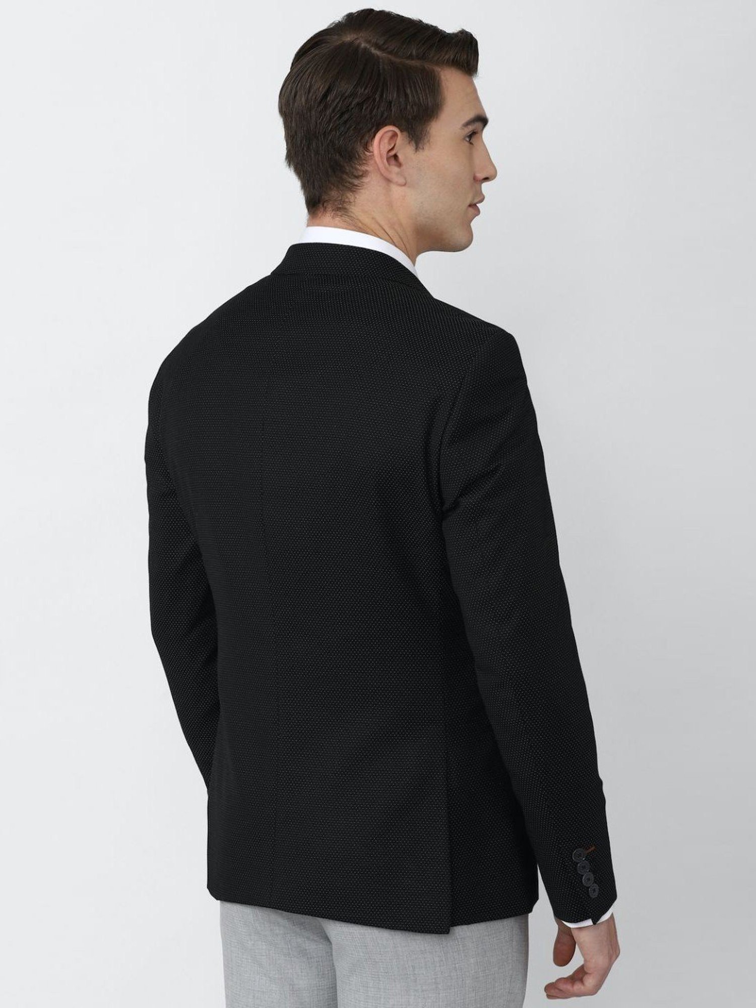 V Dot Black Slim Fit Self Pattern Blazer