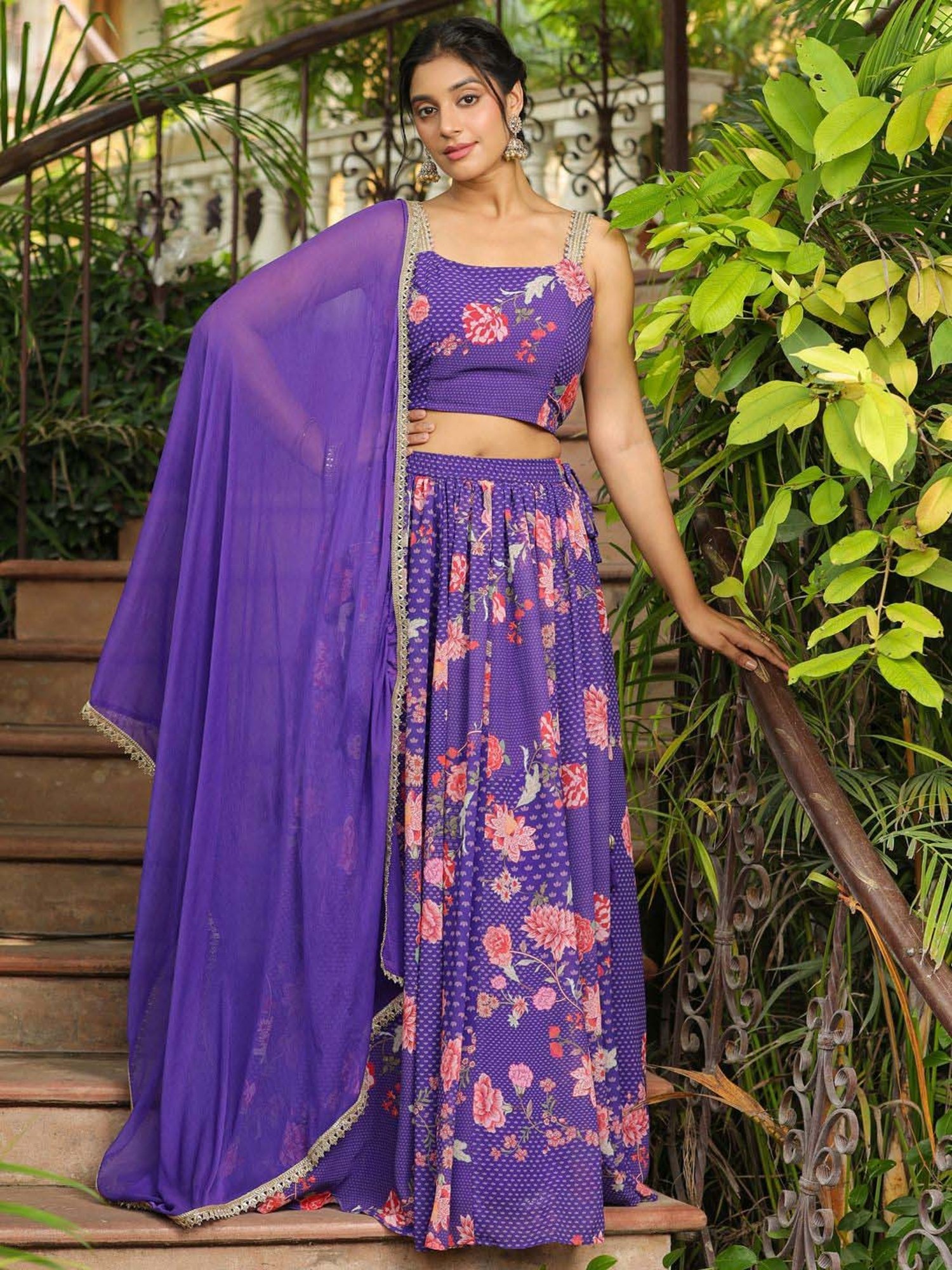 Janasya Purple Printed Lehenga Choli Set With Dupatta