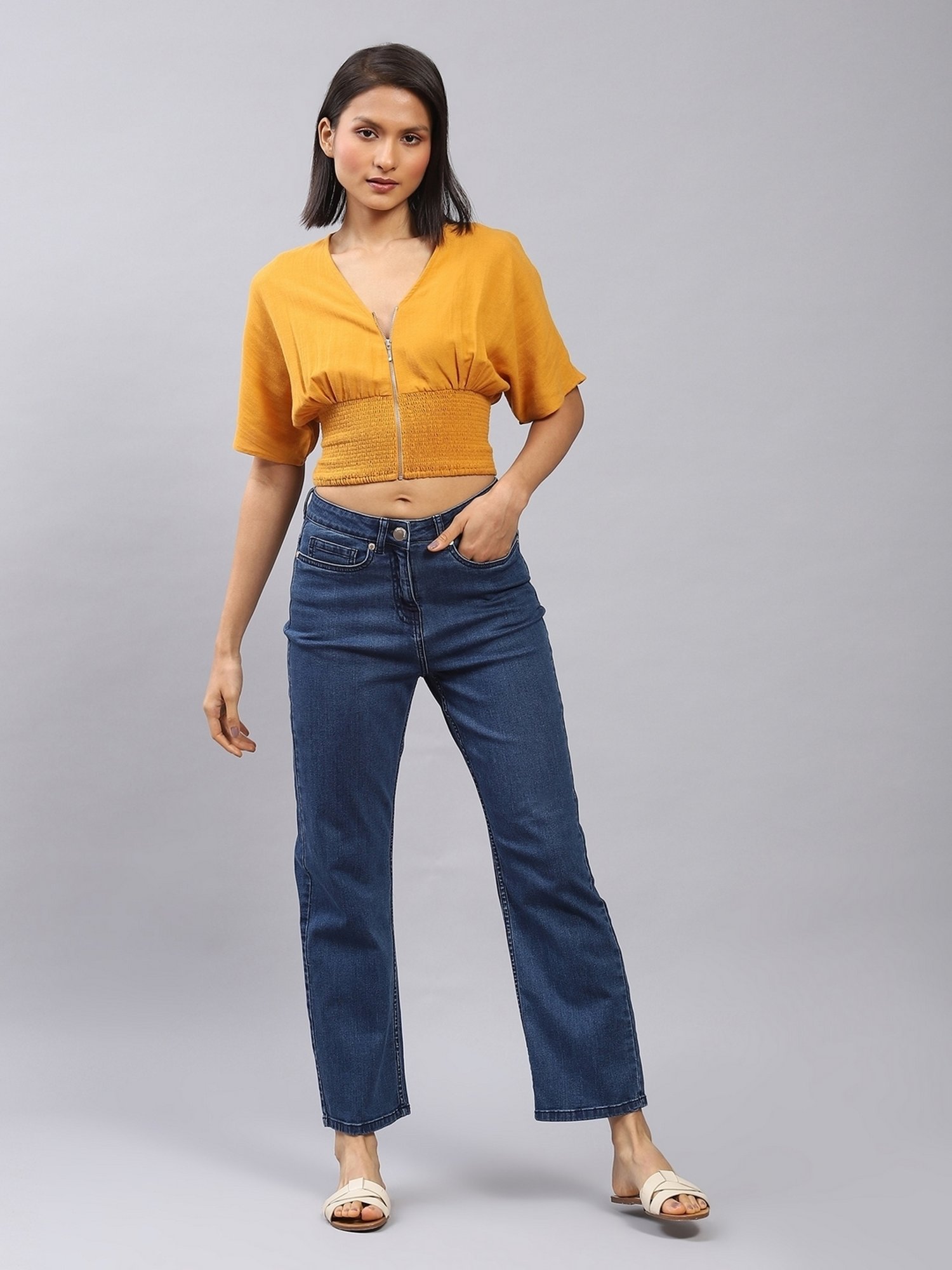 Label Ritu Kumar Green Cotton Blend Solid Cropped Zipper Top