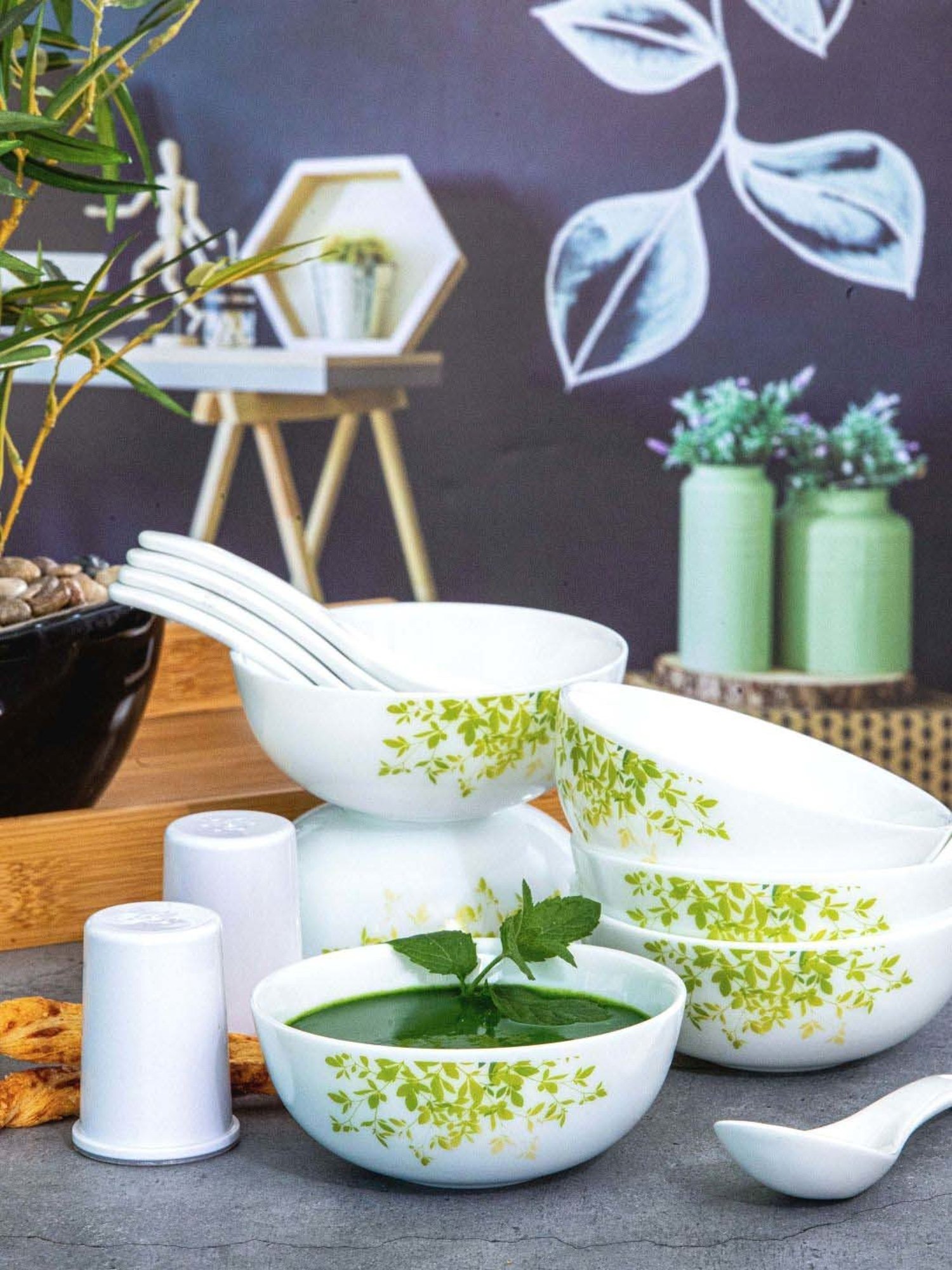 Cello White & Green Opalware Royal Soup Bowl Set