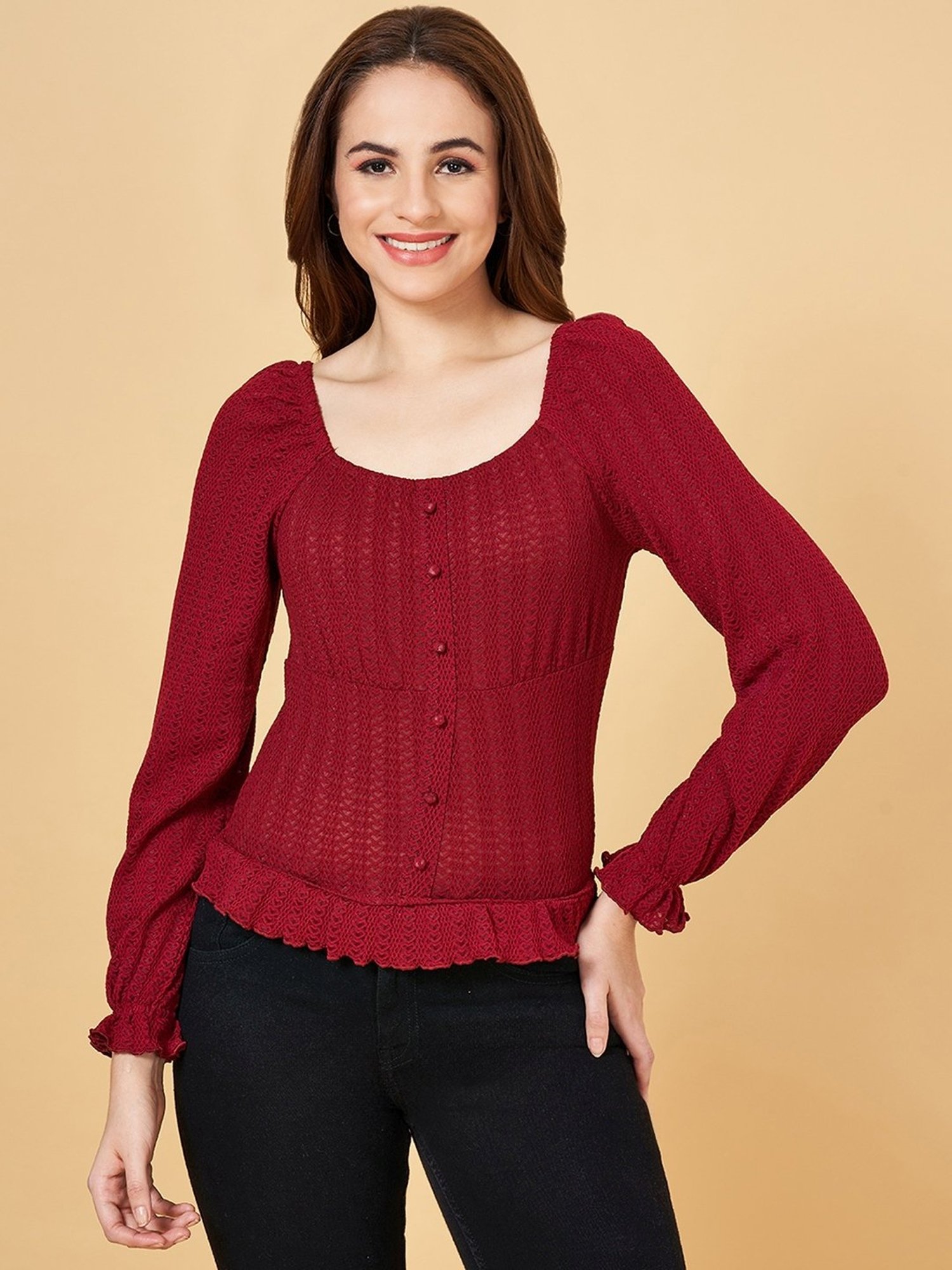 People by Pantaloons Maroon Self Pattern Top