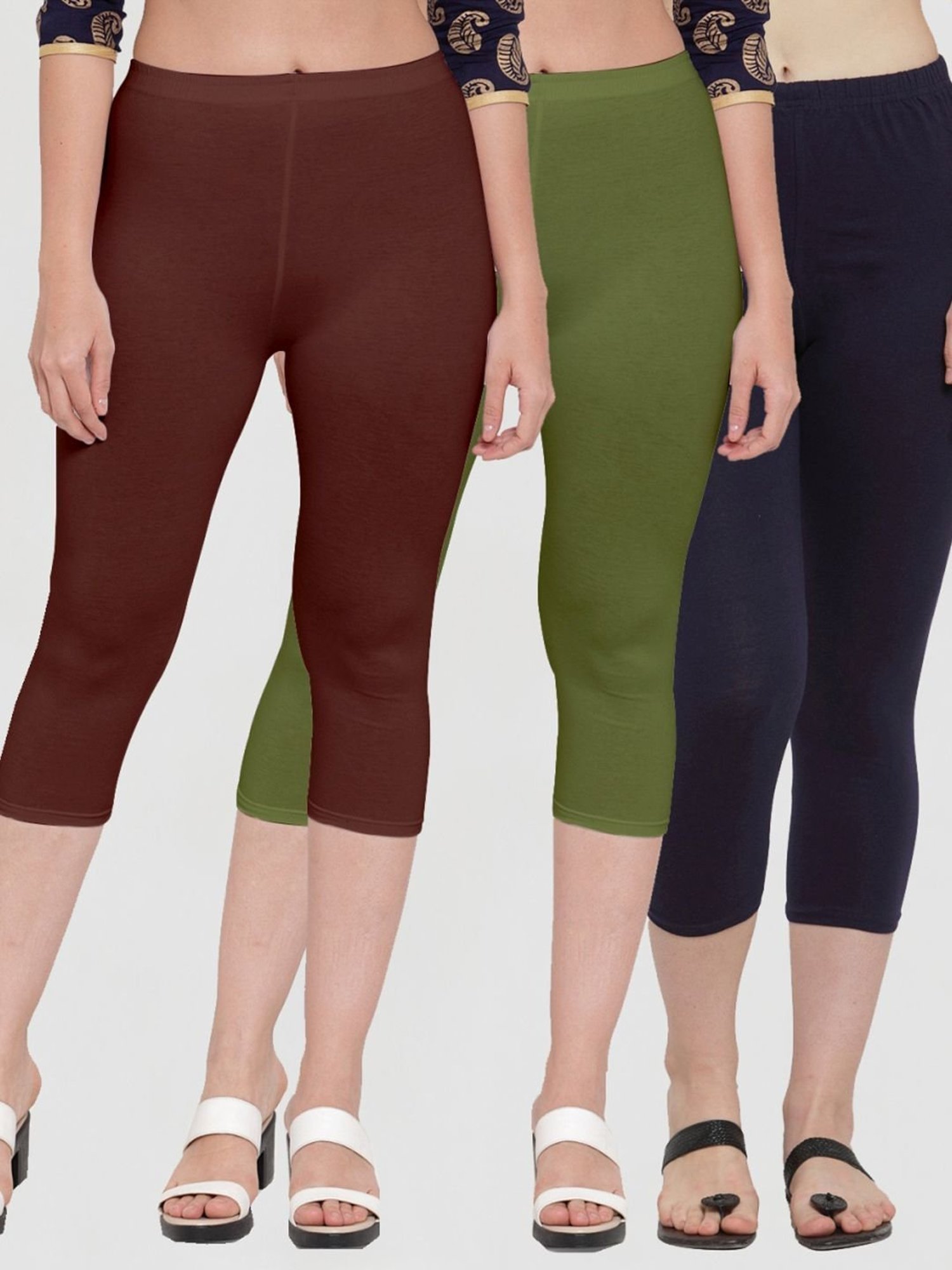 Gracit Brown & Green Mid Rise Capris - Pack Of 3