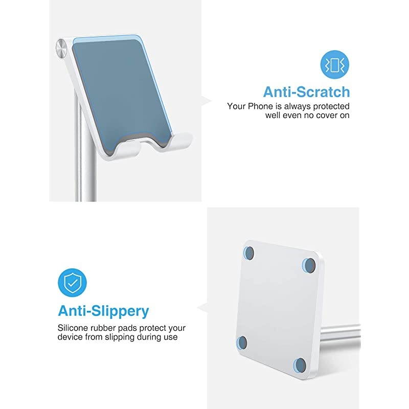 Cell Phone Holder for Desk  Cell Phone Stand Dock Adjustable Angle 545&deg; for Office Kitchen Movies Compatible with iPhone 1111 ProXs MaxSe2 and All Smartphones 3570 Inch Silver