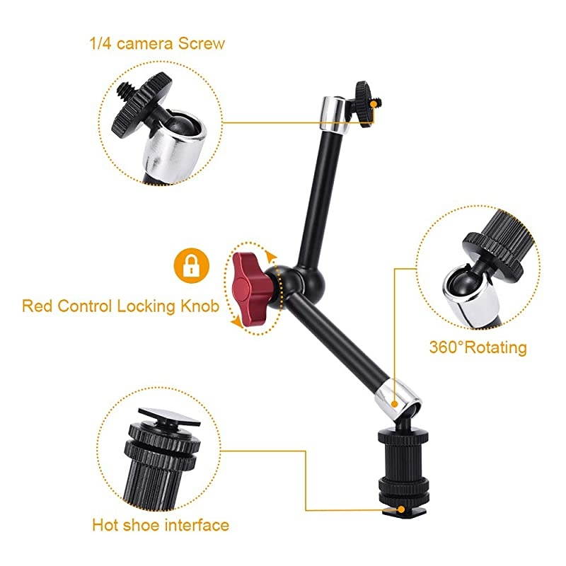 Upgraded 11 Inch Articulating Camera Arm with Large Super Clamp Magic Friction Arms 28cm with Hot Shoe Mount Adapter Adjustable Monitor Bracket Kit for DSLR Rig LED Light Flash Light Video