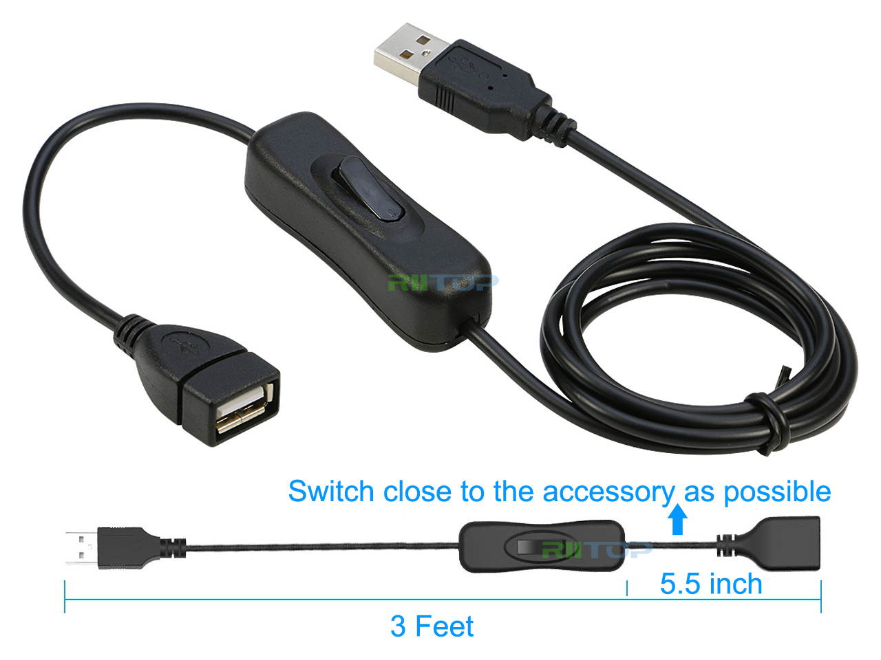 RIITOP USB Inline Switch Extension Cable 3Ft with ON/Off Switch Button, USB Male to Female Cable Support (Data and Power) for USB Headset, LED Strips(2-Pack)